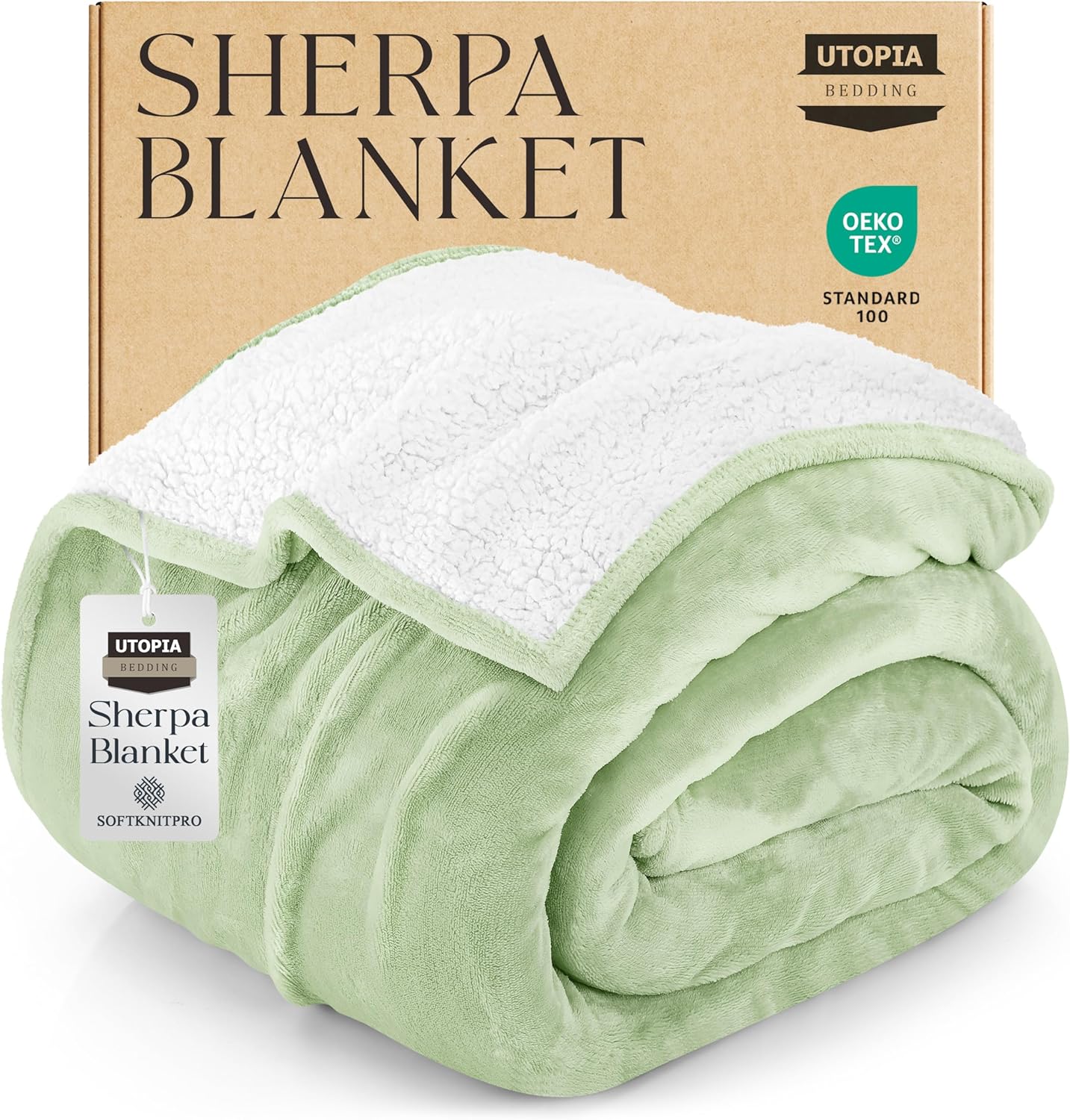 Utopia Bedding Sherpa Blanket Queen Size (Sage Green, 90x90 Inches) - Soft Lightweight Plush Fleece Reversible Blanket for Bed, Sofa, Couch, Camping and Travel