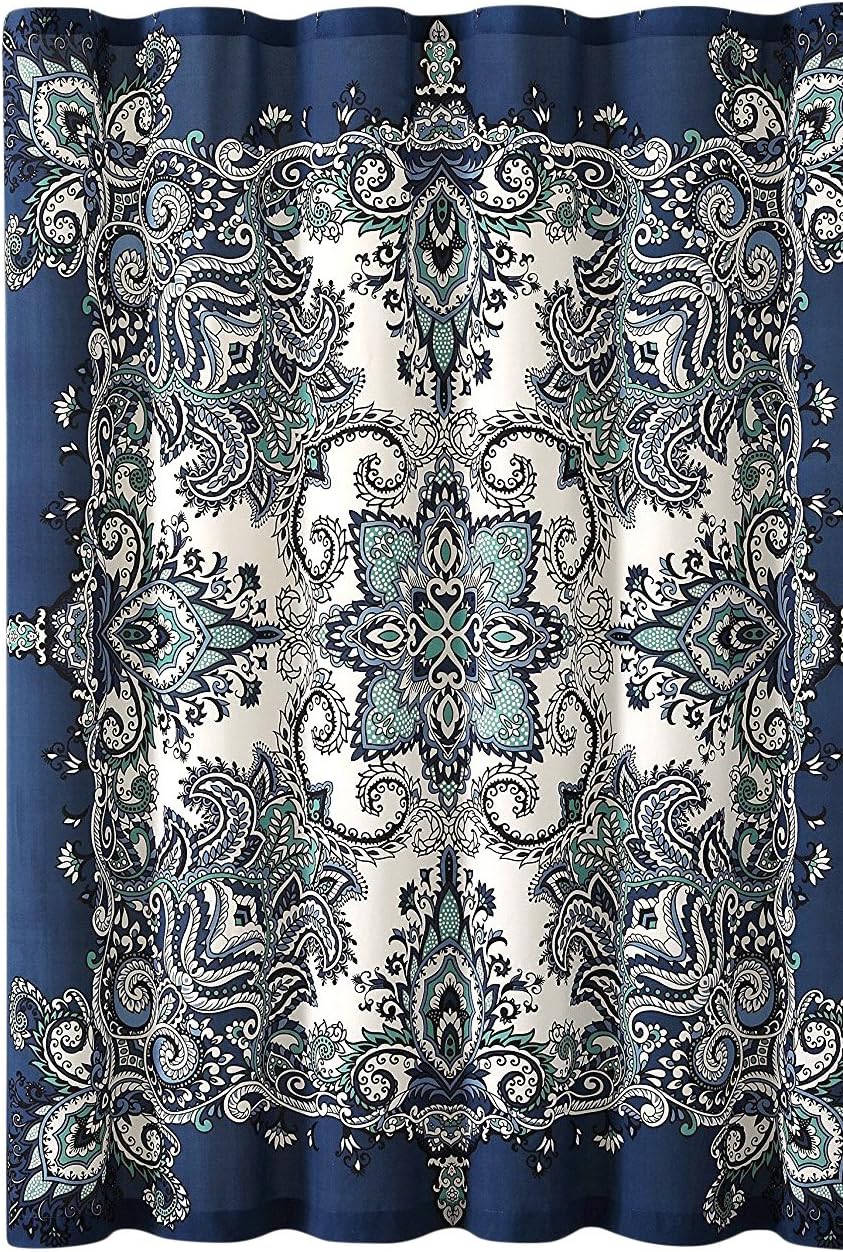 Serafina Home Boho Shower Curtain, Navy Teal White Mandala Floral Design, Fabric, 72 x 72 inches, Stain-Resistant, Paisley Pattern, with Hooks