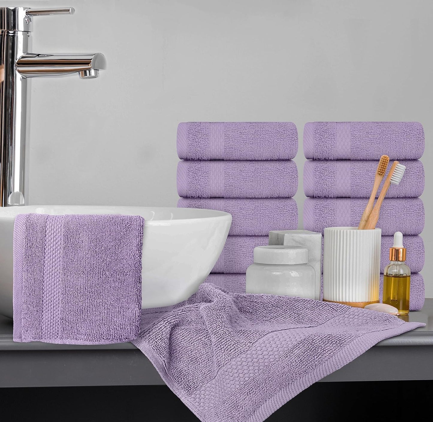 White Classic Luxury Cotton Washcloths 13x13 Inch - 650 GSM Turkish Cotton | Hotel, Spa, Bathroom Face Towel | 12 Pack, Lavender