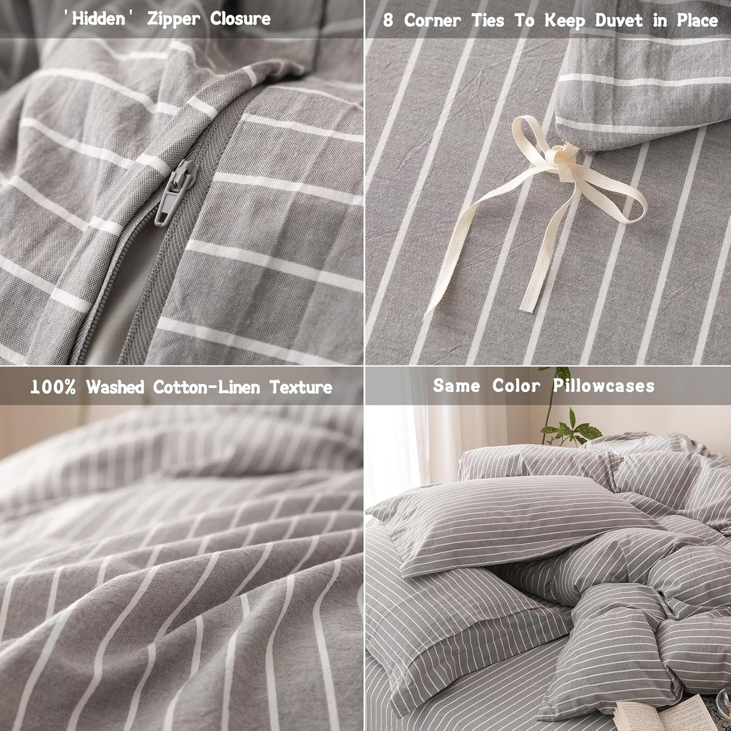 Stripe Duvet Cover King Size 104inch x 90inch, 100% Washed Cotton Linen Feel Duvet Cover, Pinstripe Duvet Cover with Zipper Closure and 2 Pillowcases, Color of Grey and White Stripe