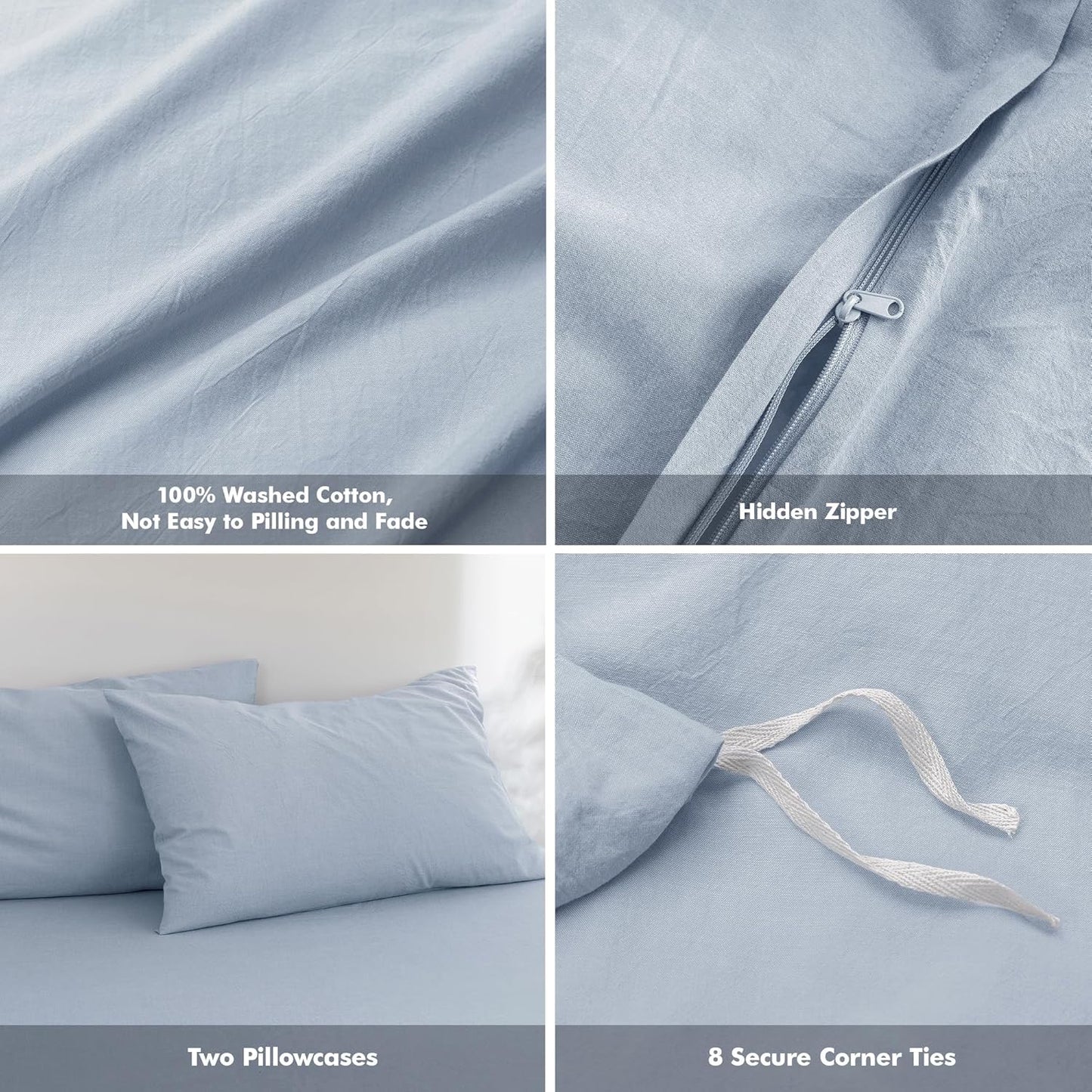 FOSSA Duvet Cover Set 100% Washed Cotton Linen Feel Super Soft Breathable Cozy 3 Pieces Bedding Sets Solid Cornflower Blue Oversized King Plus