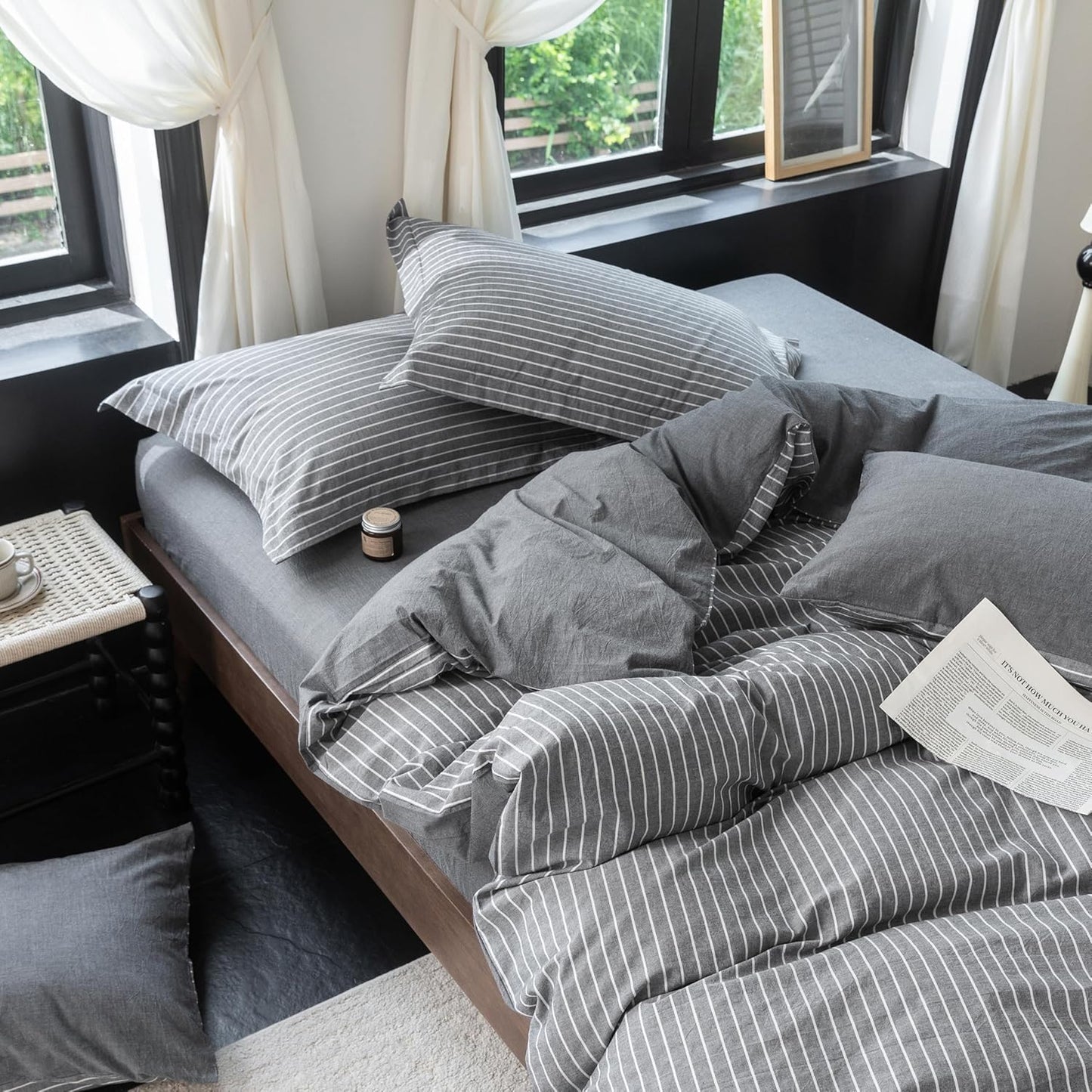 Reversible Duvet Cover Set 100% Washed Cotton Dark Grey Pinstripe Linen Feel Duvet Cover King Size with Zipper Closure & 2 Pillow Shams,Dark Grey/White Pinstripe Reverse Solid Dark Grey