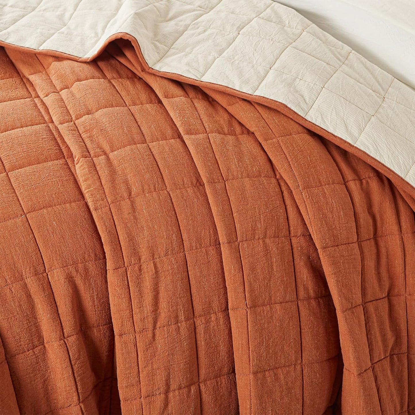 Burnt Orange Quilt King Size, Cotton Linen King Quilt Bed Spreads,3-Pieces King Size Quilt Bedding Set with Cream Stripe Coverlet Lightweight Bedding Comforters with 2 Pillow Shams