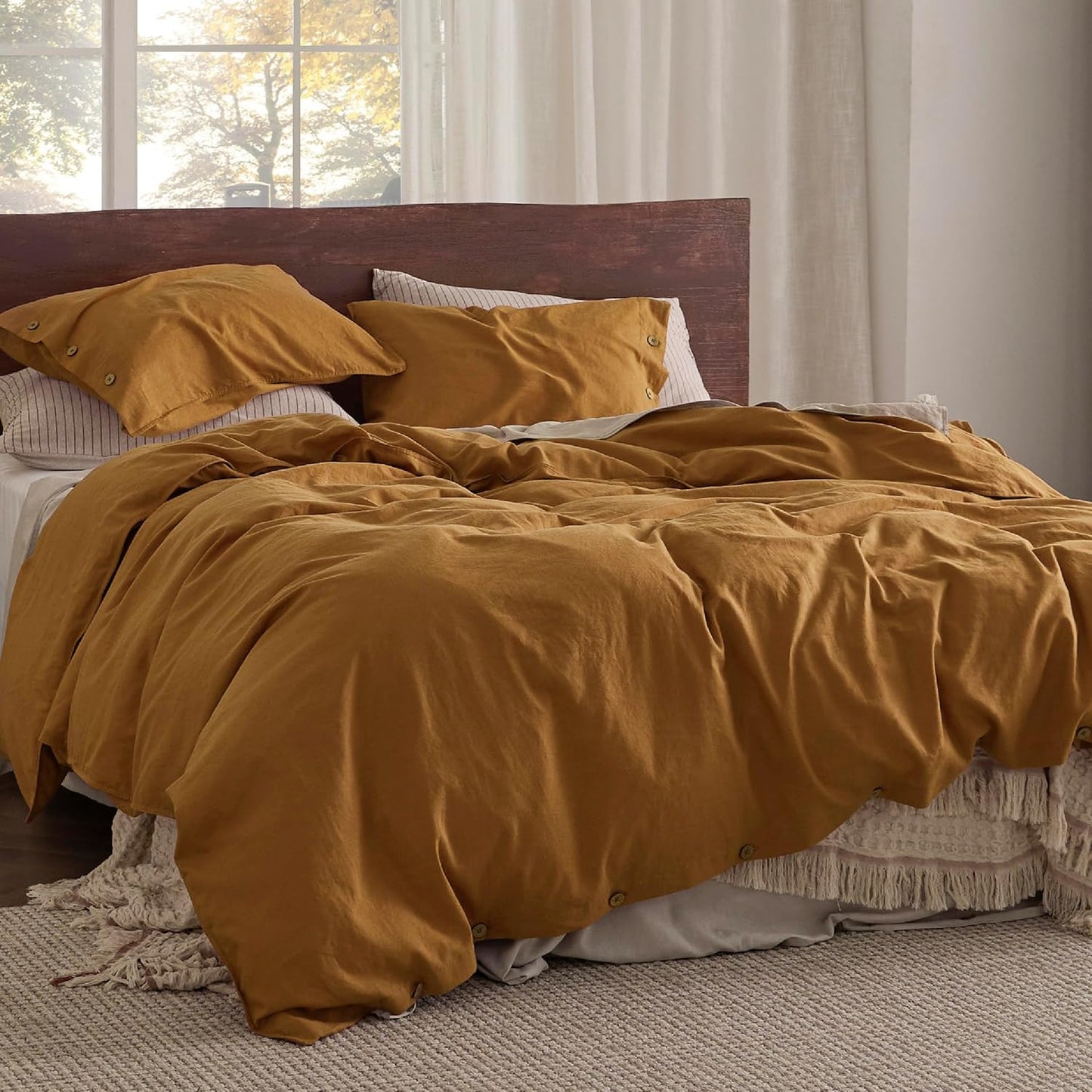 Bedsure Linen Duvet Cover King Size - Linen Cotton Blend Bedding Set, Soft & Cozy, 3 Pieces, 1 Duvet Cover 104x90 and 2 Pillowcases, Pumpkin Yellow Color Cooling Bedding, Comforter Sold Separately