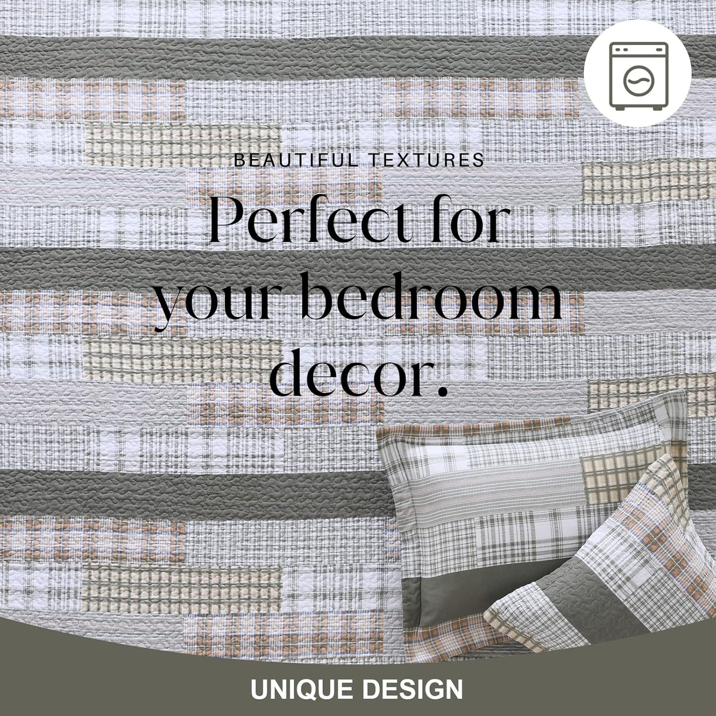 Y-PLWOMEN Quilts Queen Size - 100% Cotton Greyish Green Queen Quilt Farmhouse Plaid Quilted Bedspread, 3 Pieces Lightweight Reversible Queen Size Quilt Bedding Set for All Season