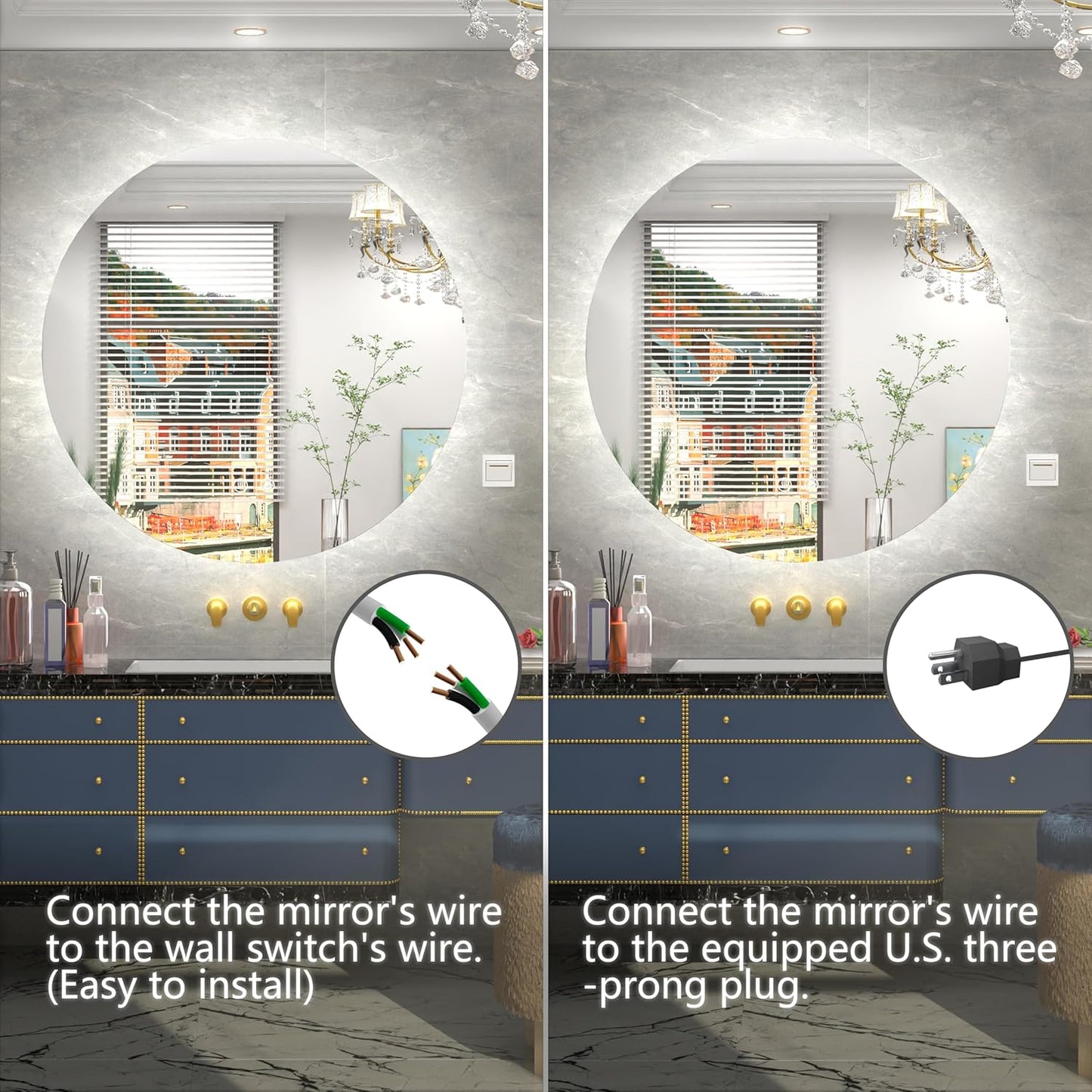 36 Inch Frameless Round LED Bathroom Mirror with Lights, 3 Color Temperatures (3000K/4500K/6000K), Anti-Fog, Dimmable Backlit, Round Vanity Mirror with Lights Wall Mounted