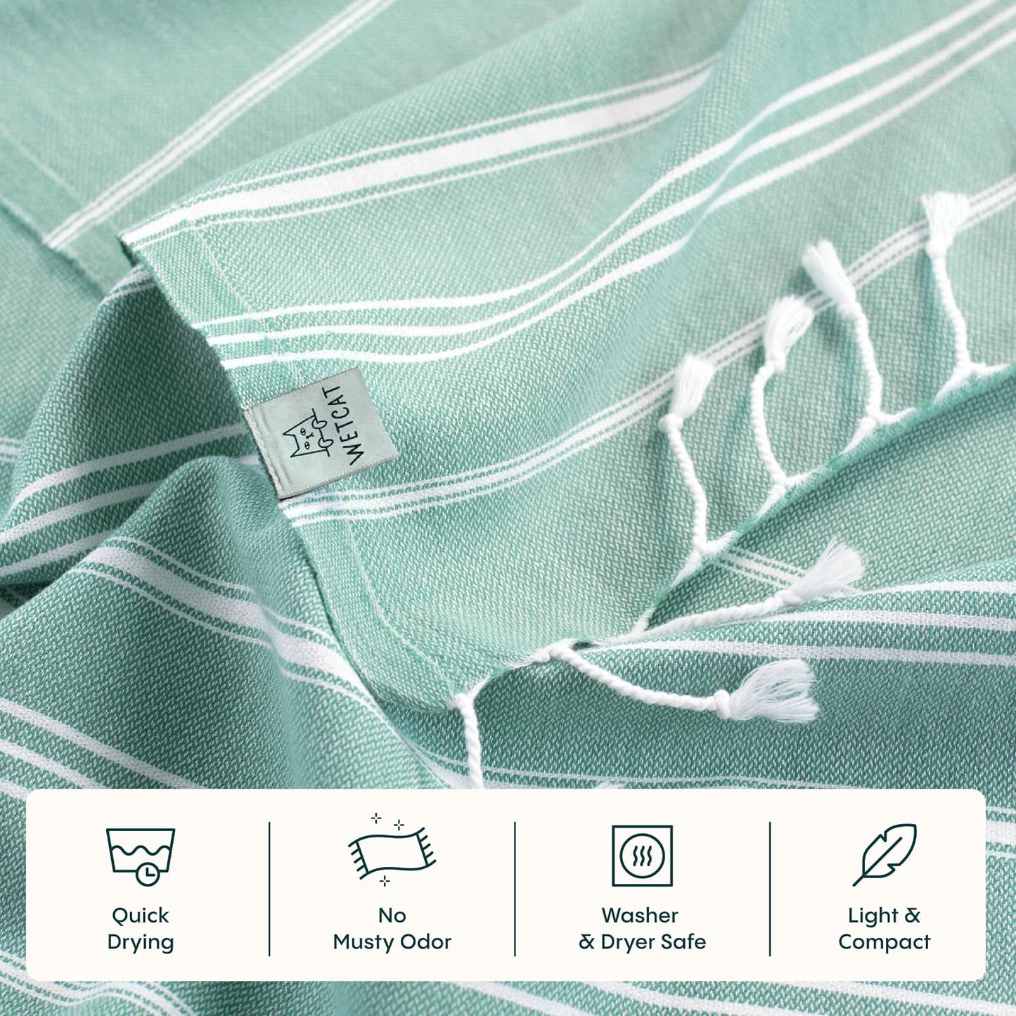 WETCAT Turkish Hand Towels with Hanging Loop, Set of 2 (20" x 30") 100% Turkish Cotton, Pre-Washed, Quick Drying, for Kitchen or Bathroom - Teal