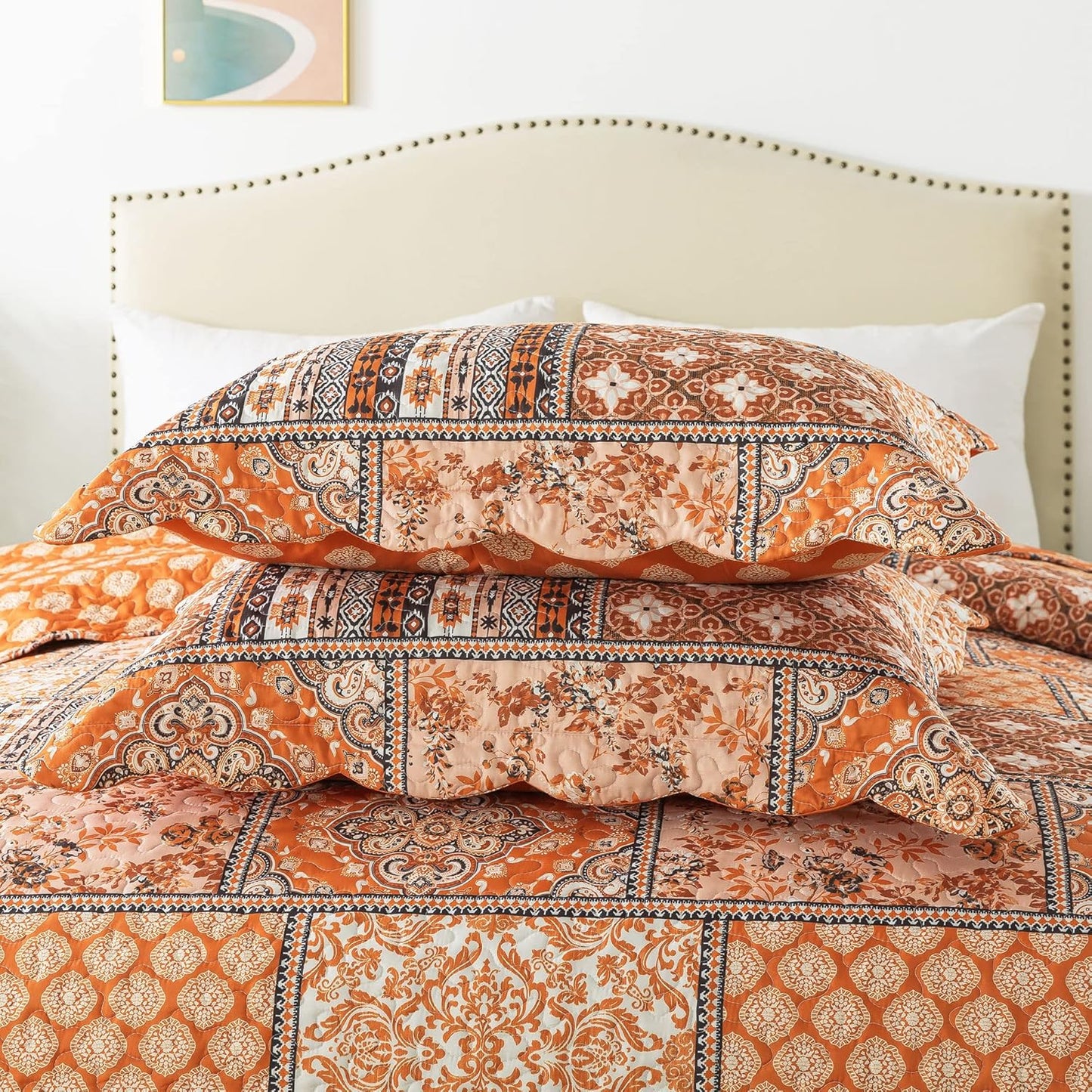 HoneiLife Vintage Quilt Sets Queen - 3 Pieces Microfiber Quilt Sets Lightweight Bedspreads Floral Coverlets Retro Bed Cover All Season Quilts-Pumpkin