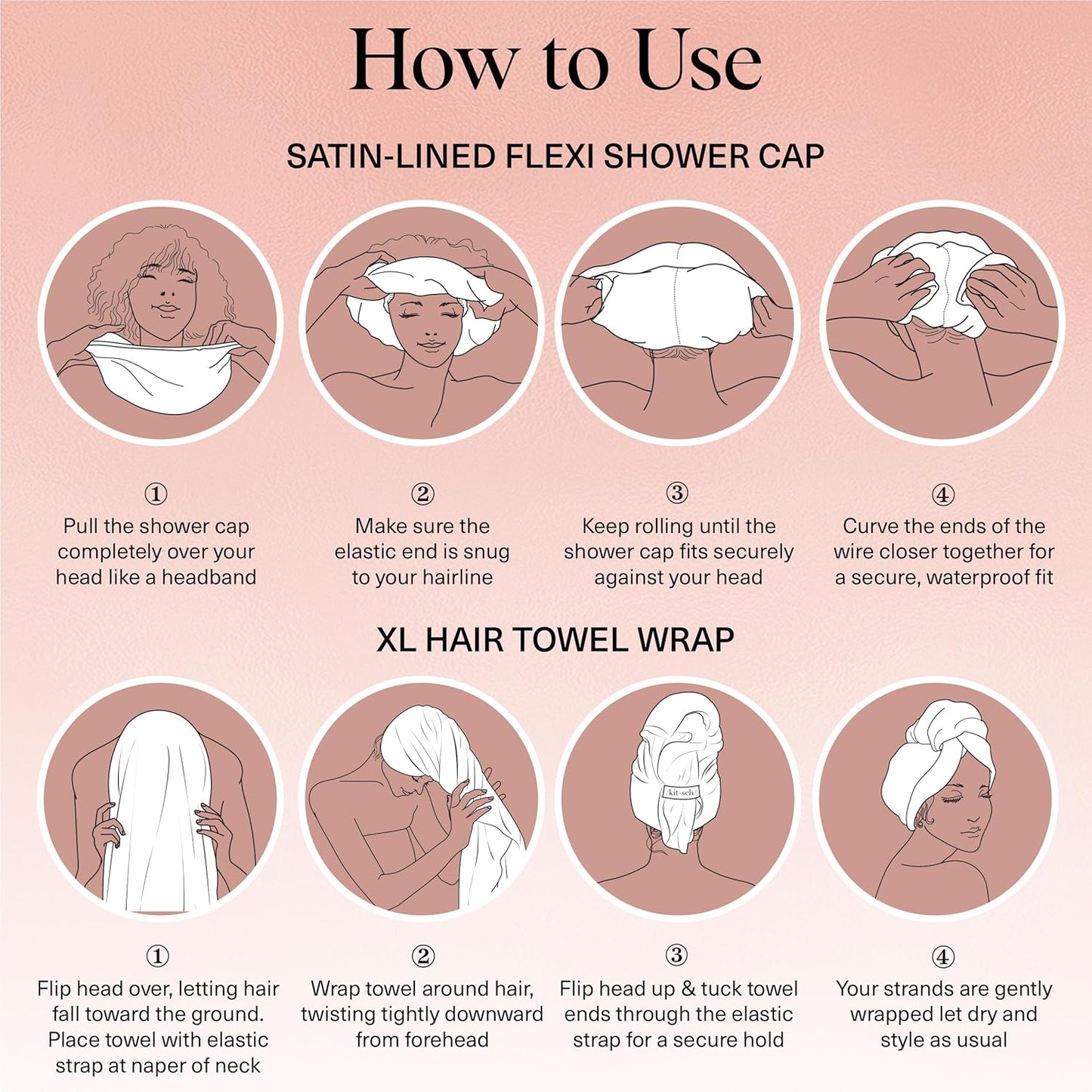 Kitsch Love & Comfort 2PC Spa Set - Satin Lined Reusable Waterproof Shower Cap and XL Quick Dry Hair Towel Wrap for Women, Microfiber Towel, Flexi Shower Cap For All Hair Types - Terracotta Checker