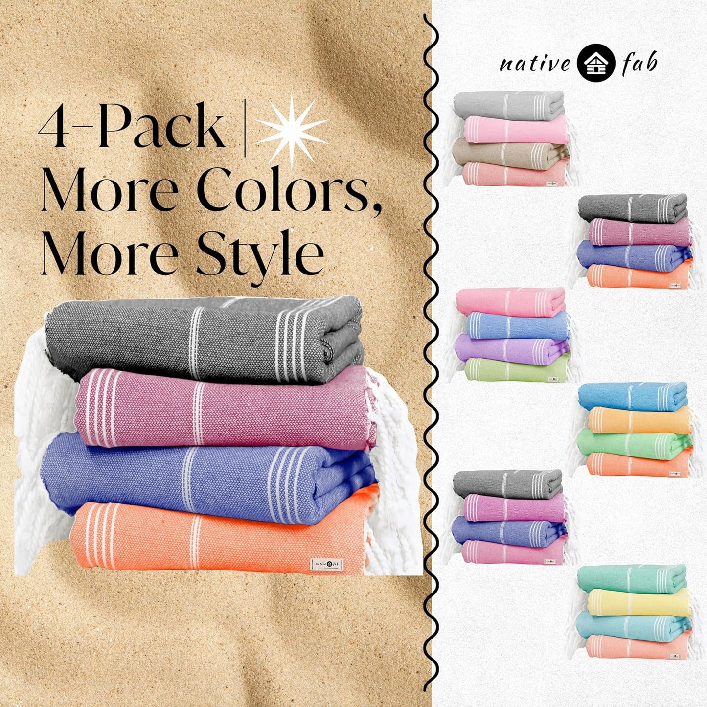 Native Fab Oversized Turkish Beach Towels 4 Pack, Fast Drying, Lightweight, Sand Free, Multipurpose Cotton for Pool, Spa, Travel, Summer - Black, Burgundy, Indigo Blue, Orange