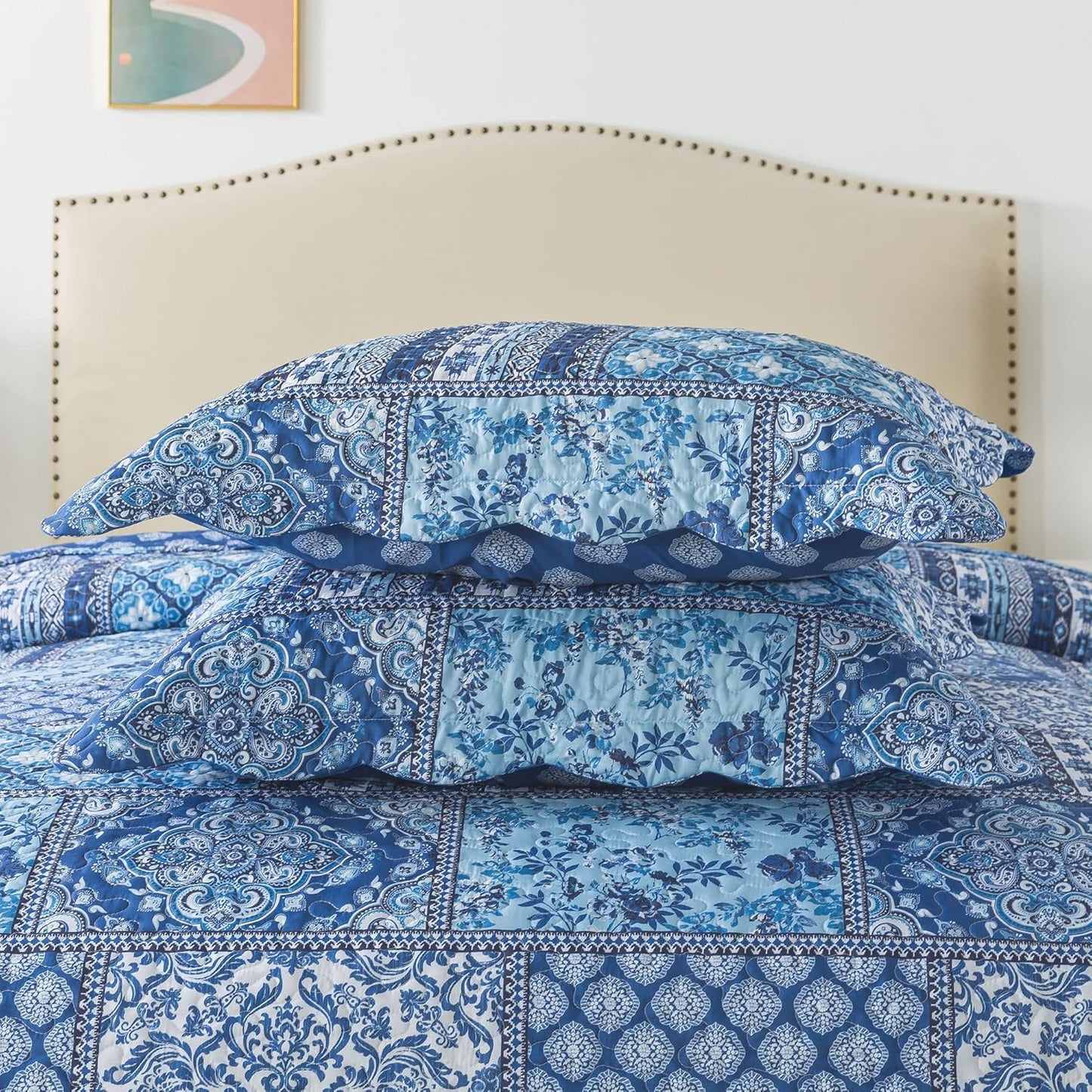 HoneiLife Rustic Quilt Sets Queen - 3 Pieces Microfiber Quilt Sets Lightweight Bedspreads Floral Coverlets Retro Bed Cover All Season Quilts-Blue