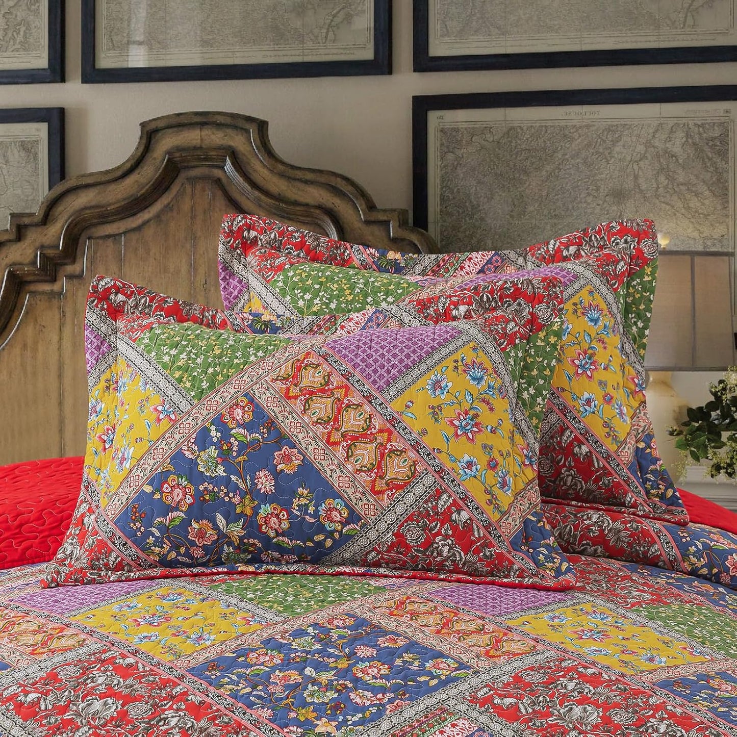 BEDIFANY Cotton Queen Quilt Set - Vintage Farmhouse Bedspread with Vibrant Floral Pattern, 3-Piece Lightweight Coverlet (90x98 Inch) + 2 Pillow Shams, All Seasons Multicolor Quilt Bedding Set