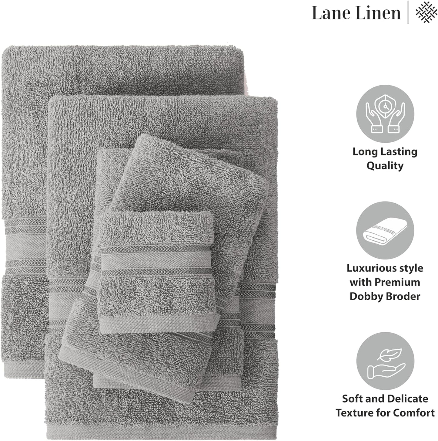 LANE LINEN Bath Towel Set of 12 – Premium 100% Cotton Mercerized, 4 Bath, 4 Hand & 4 Washcloth, Zero Twist Hotel Collection Towels Soft, Gentle on Body, Absorbent & Ideal for Everyday Use – Grey