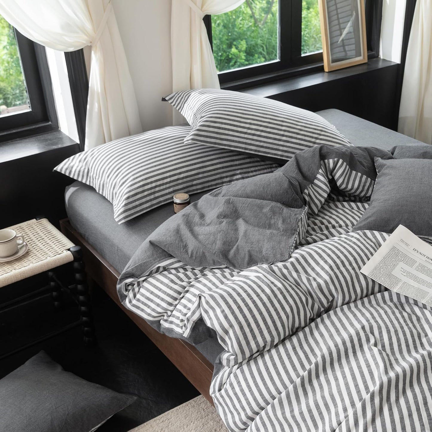 Reversible Duvet Cover Set 100% Washed Cotton Dark Grey Stripe Linen Feel Duvet Cover Queen Size with Zipper Closure & 2 Pillow Shams,Dark Grey/White Stripe Reverse Solid Dark Grey