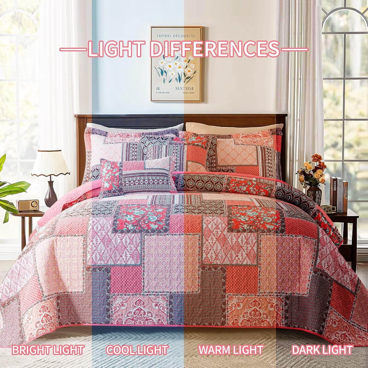 BEDIFANY Cotton Queen Quilt Set, Farmhouse Queen Size Quilt Bedding Set with 2 Pillow Shams, 3 PCs Lightweight Queen Size Bedspreads for Bed Decorations - All Seasons Coverlet Sets