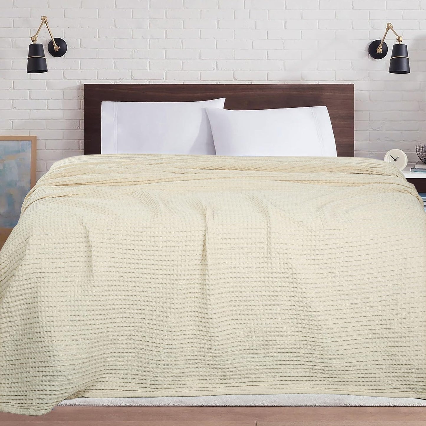 HILLFAIR 100% Cotton Blanket- 120"x120" XXL Oversized King Bed Blankets- Family Size 10 ft x 10 ft Big- Waffle Blankets- All Season Soft Breathable- Extra Large King Cotton Blanket for Bed- Ivory