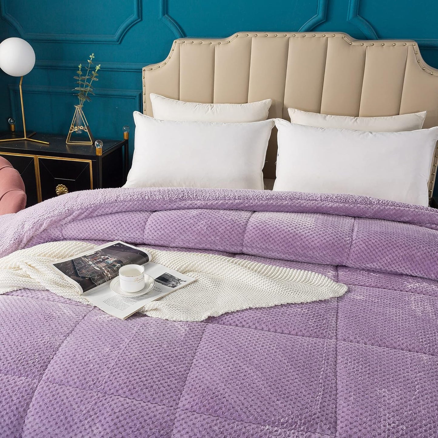 KASENTEX Super Ultra Soft Luxury Plush Sherpa Comforter, Cozy Reversible Faux Fur Machine Washable Bedding, Purple, Queen Size