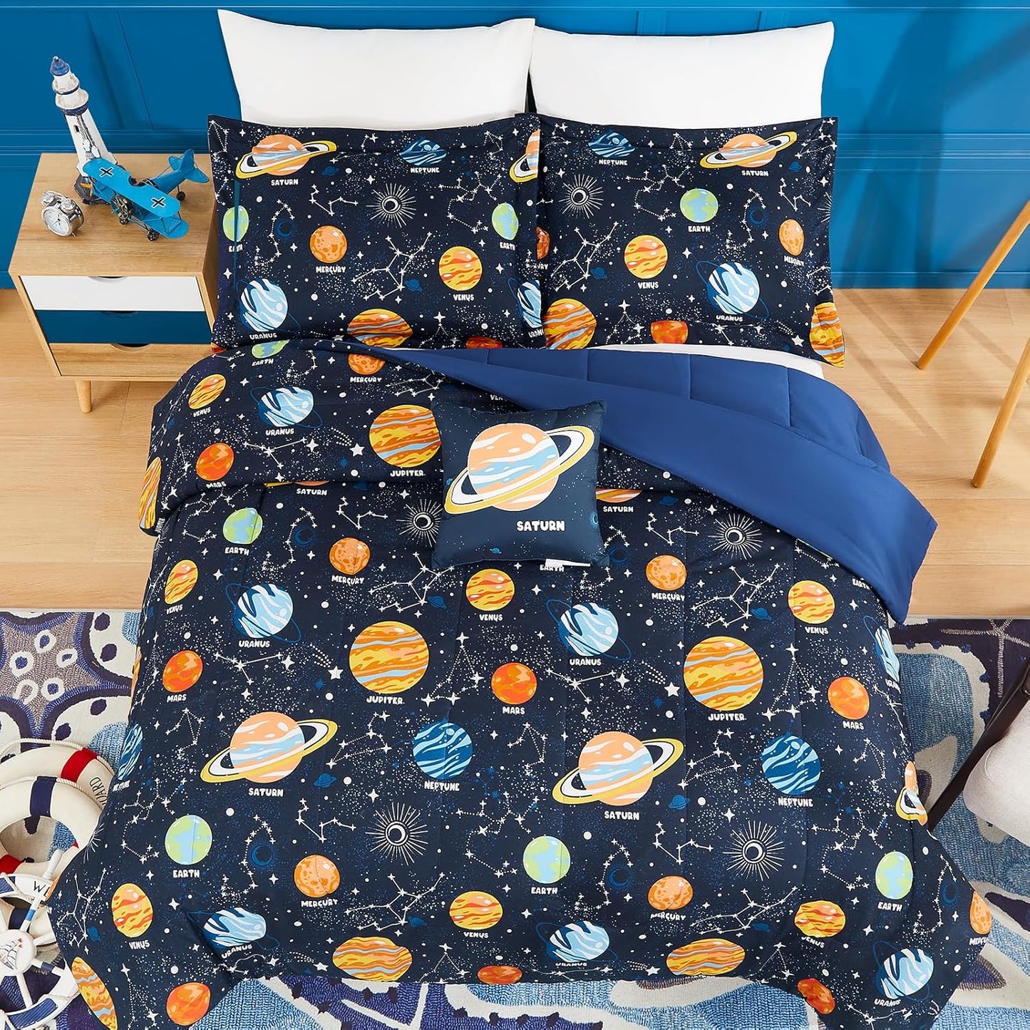Full Size Comforter Set for Boys-4 Pieces Space Glow in The Dark Full Bedding Sets for Kids, 1 Comforter, 2 Shams and 1 Decor Pillow