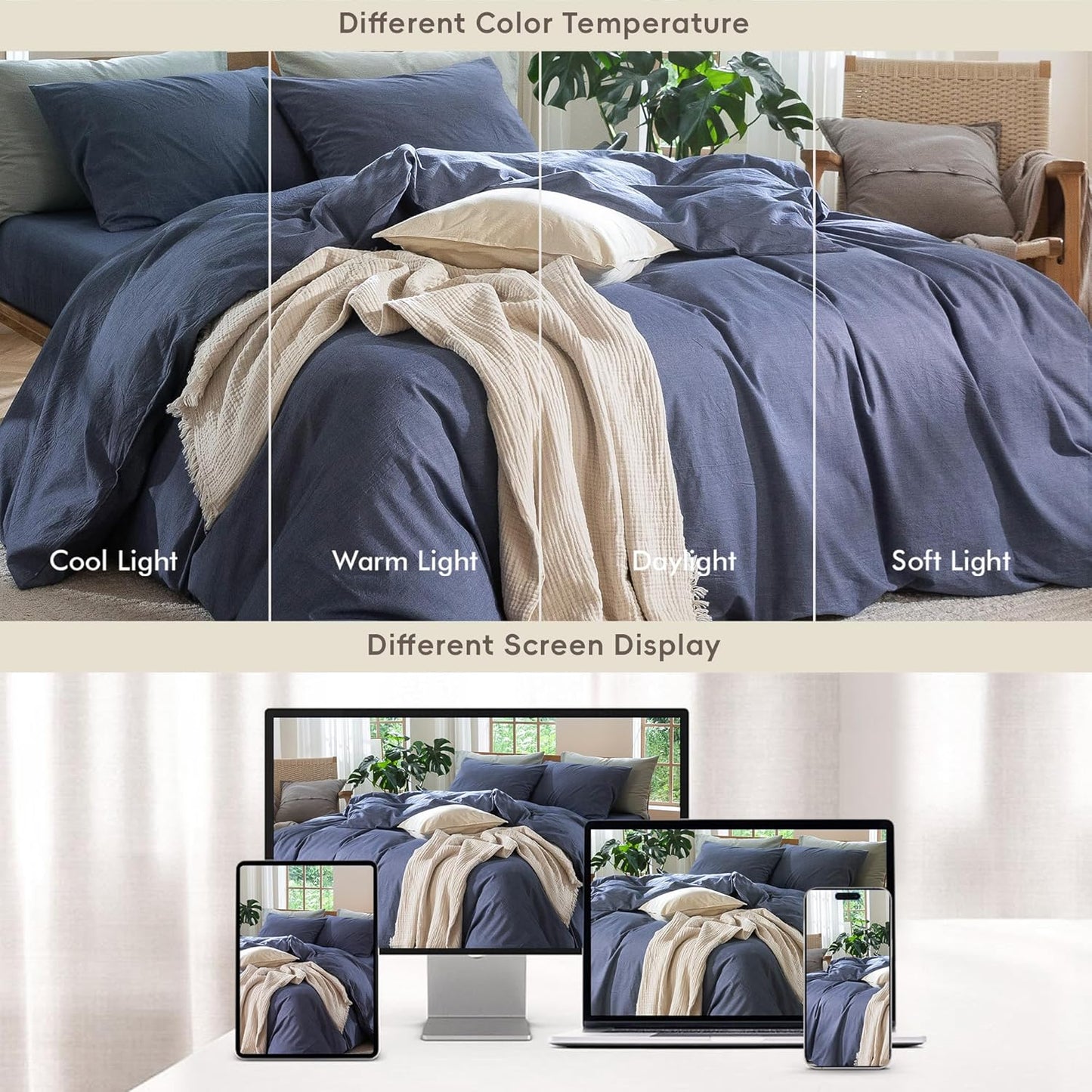 MooMee Bedding Duvet Cover Set 100% Washed Cotton Linen Like Textured Breathable Durable Soft Comfy (Heathered Blue, Super King Plus 120"x120")