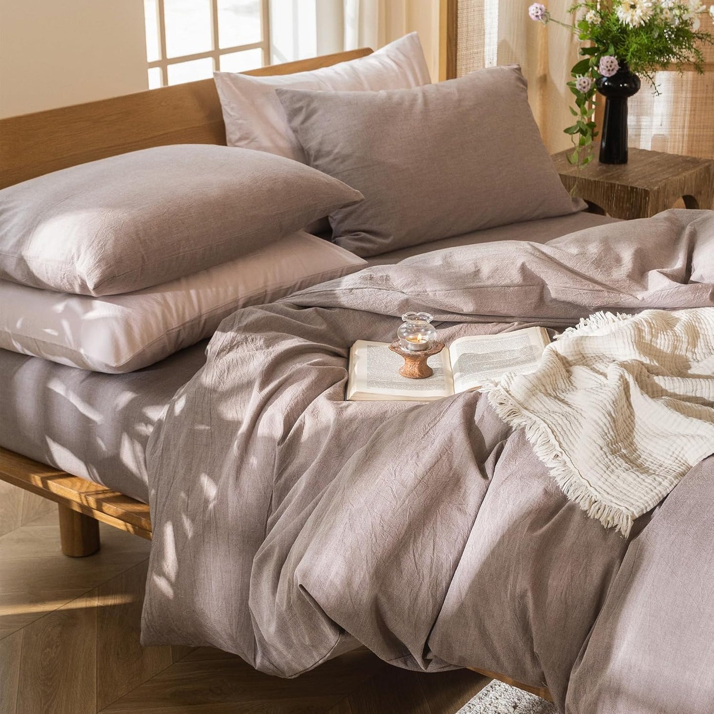 MooMee Bedding Duvet Cover Set 100% Washed Cotton Linen Like Textured Breathable Durable Soft Comfy (Heathered Mauve Brown, Oversized Queen 98"x98")