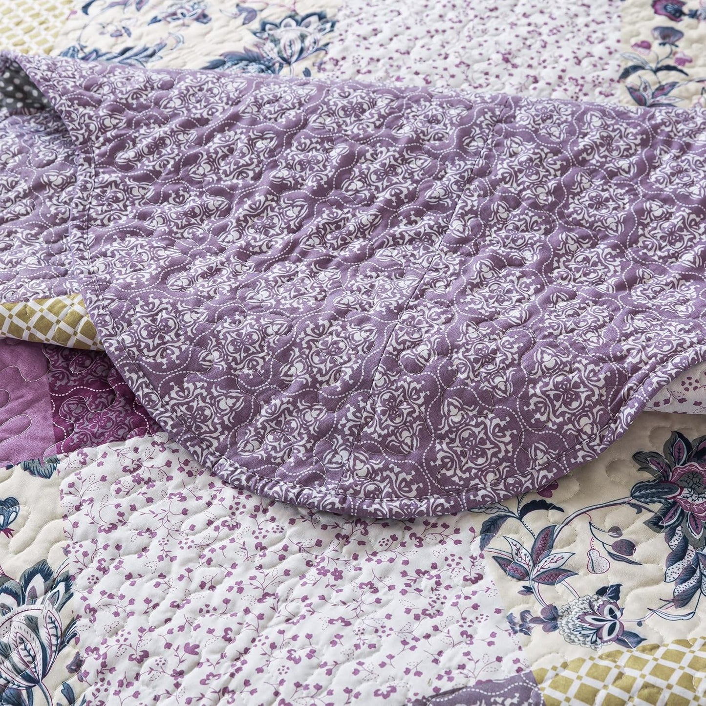 HoneiLife King Size Quilt Sets - 3 Pieces Microfiber Quilt Set Lightweight Bedspreads Reversible Coverlets Rustic Bed Cover King Quilt Bedding Set All Season Quilts-Beige & Purple
