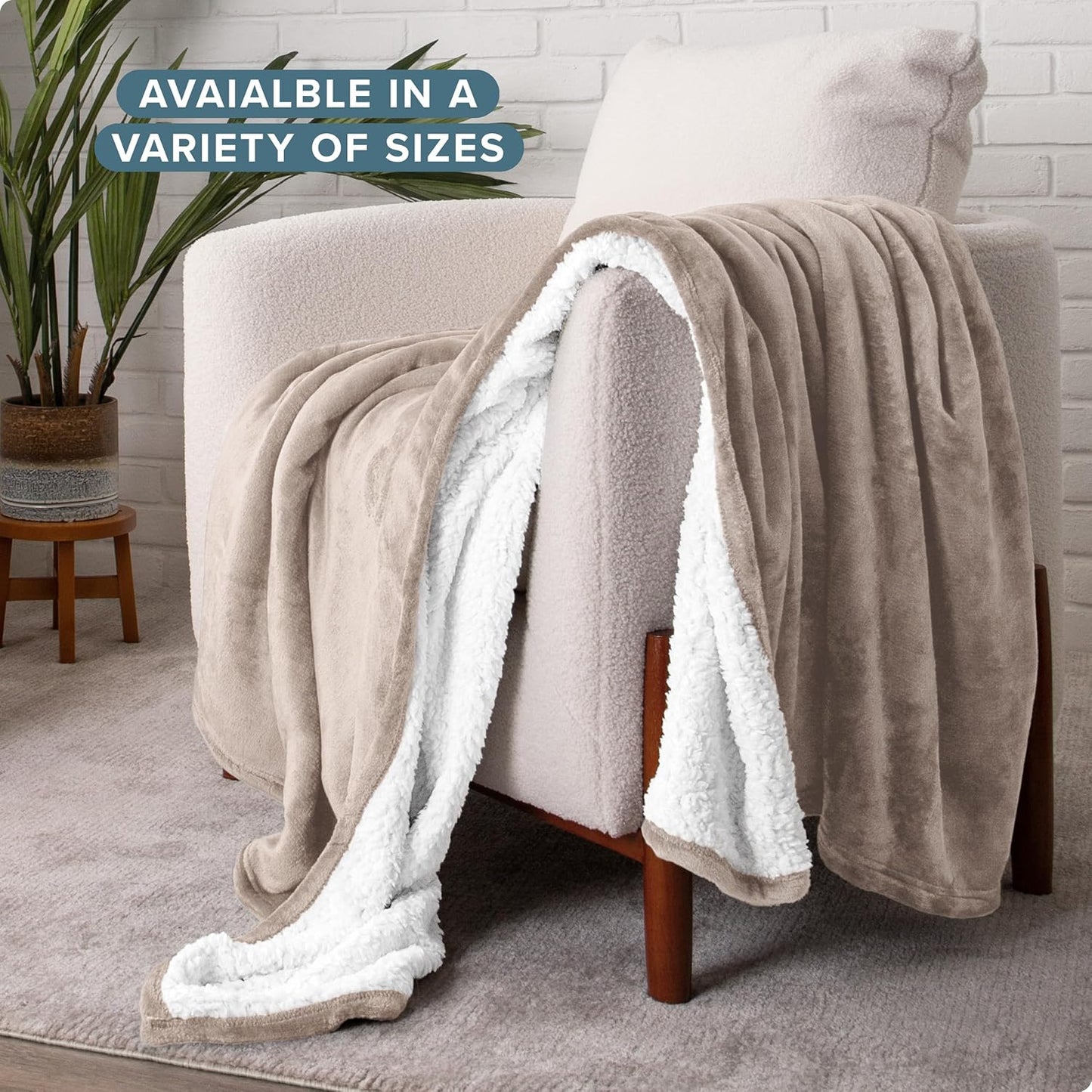Bare Home Sherpa Fleece Blanket - Throw/Travel Size - Blanket for Bed, Sofa, and Couch - Warm & Lightweight - Fluffy & Soft - Reversible (Throw/Travel, Light Taupe)