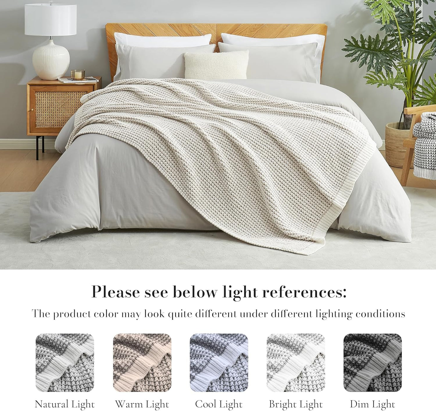 Amélie Home Waffle Chenille Throw Blanket for Couch, Pineapple Stitch Knit Soft Cozy Knit Blanket Decorative Throw for Sofa, Chair, 60"x80", Beige&Ivory