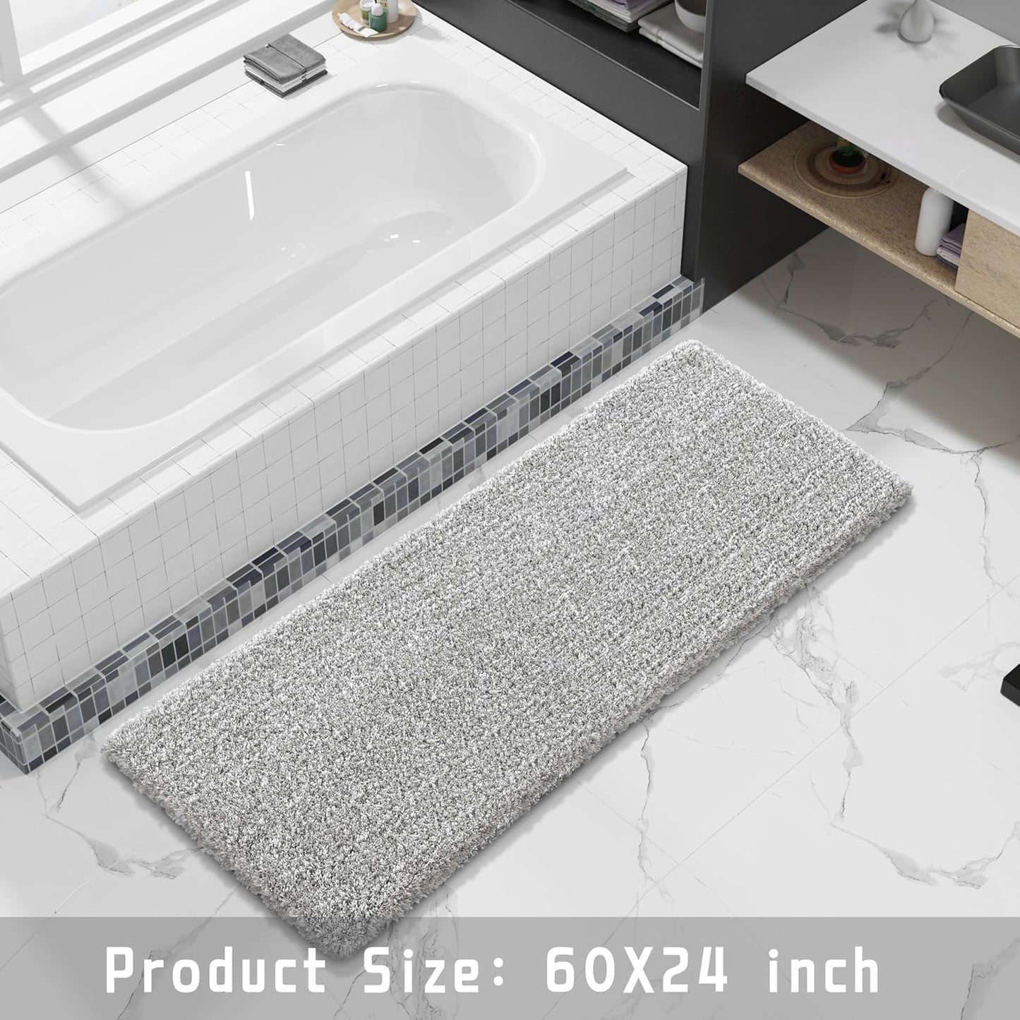 Yimobra Luxury Bathroom Rugs, Fluffy Bath Mats, Non Slip, Water Absorbent Microfiber, Machine Washable, Plush Runner Shower Rugs, Thick Matts for Bathroom Floor&Tub, 60"x 24", Light Gray and White