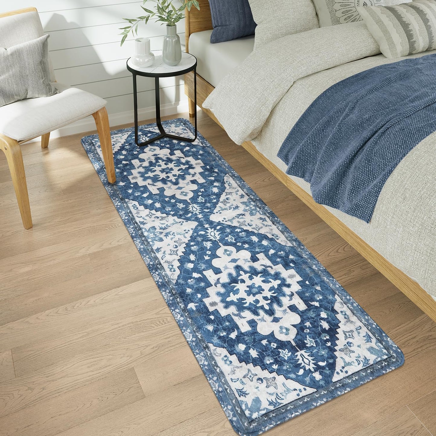 Uphome Boho Vintage Large Bathroom Rugs Blue Non-Slip Soft Hallway Runner Traditional Tribal Machine Washable Bedroom Rug Oriental Floral Aesthetic Floor Mat for Entryway Kitchen Laundry, 24x71 inch