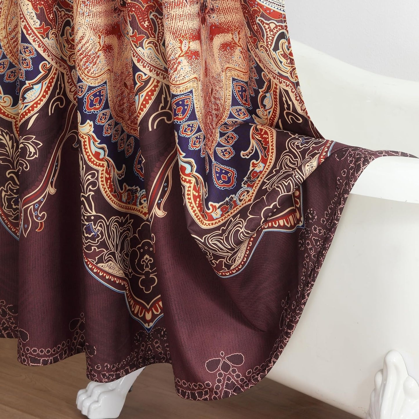 Long Shower Curtain 72x78 Inches, Water Repellent Fabric with Gold and Brown Baroque Pattern, 12 Metal Grommets and Weighted Hem