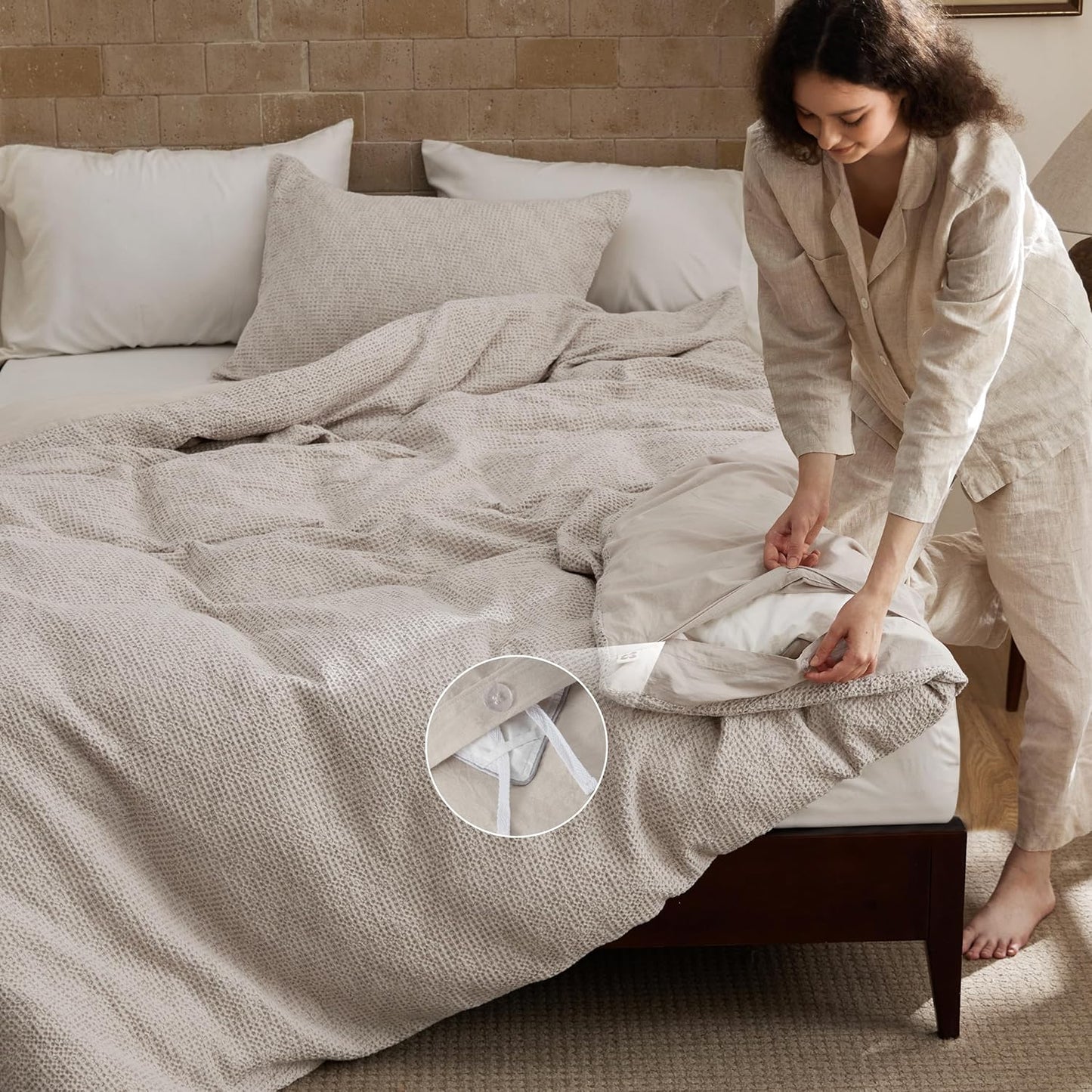 Bedsure Waffle Duvet Cover King - 100% Cotton Duvet Cover Linen Color, Space-Dyed for Enhanced Bedroom Aesthetics, GentleSoft™ and Stylish All-Season, 3-Piece Bedding Set with Button Closure, 104"x90"