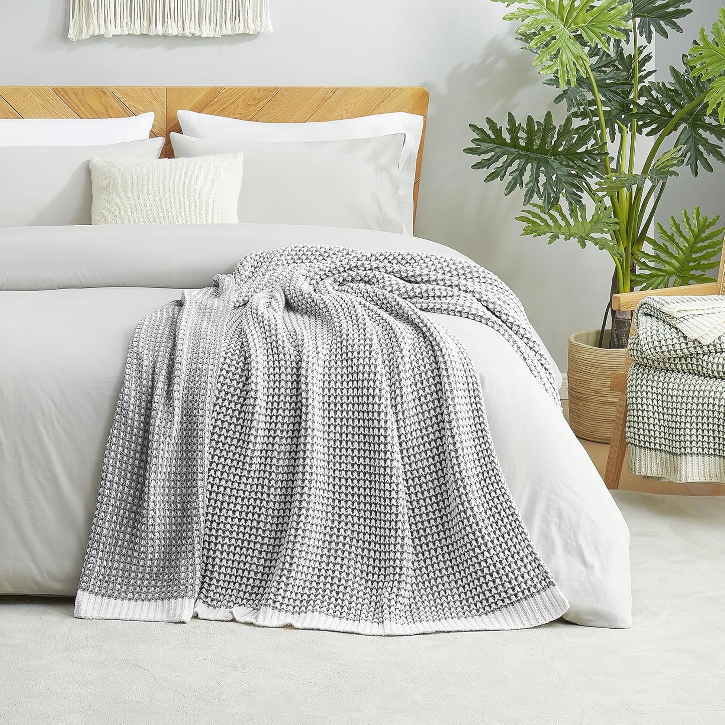 Amélie Home Waffle Chenille Throw Blanket for Couch, Pineapple Stitch Knit Soft Cozy Knit Blanket Decorative Throw for Sofa, Chair, 60"x80", Grey&Ivory