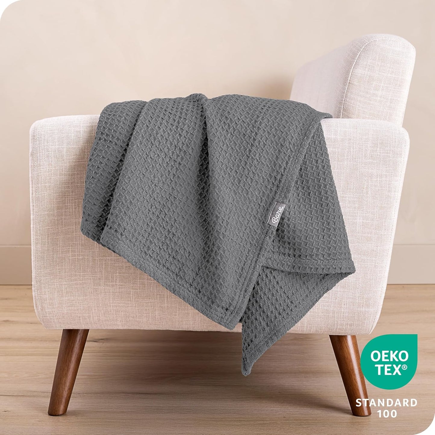 Bare Home Grey Waffle Blanket, 108Wx90L, 100% Cotton, Soft & Breathable Throw for All Seasons, Lightweight Blanket, Perfect for Layering Bed, Sofa & Couch (King/Cal King, Grey)