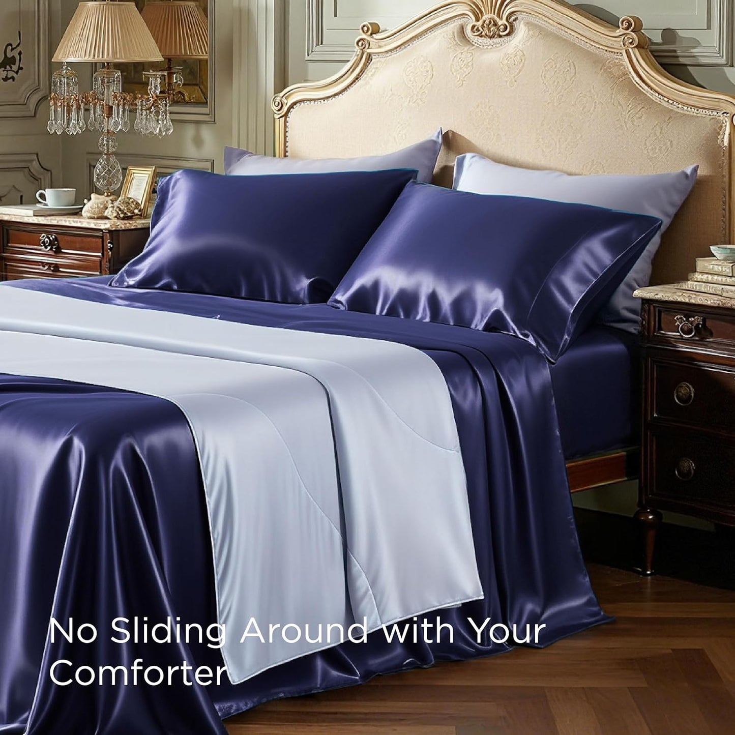 Bedsure Satin Sheets Queen Size - 4 Piece Silky Bedsheets with 15 Inches Deep Pocket Fitted Bedsheet,1 Flat Sheet, 2 Satin Pillowcases, Good for Hair & Skin (Queen, Navy)