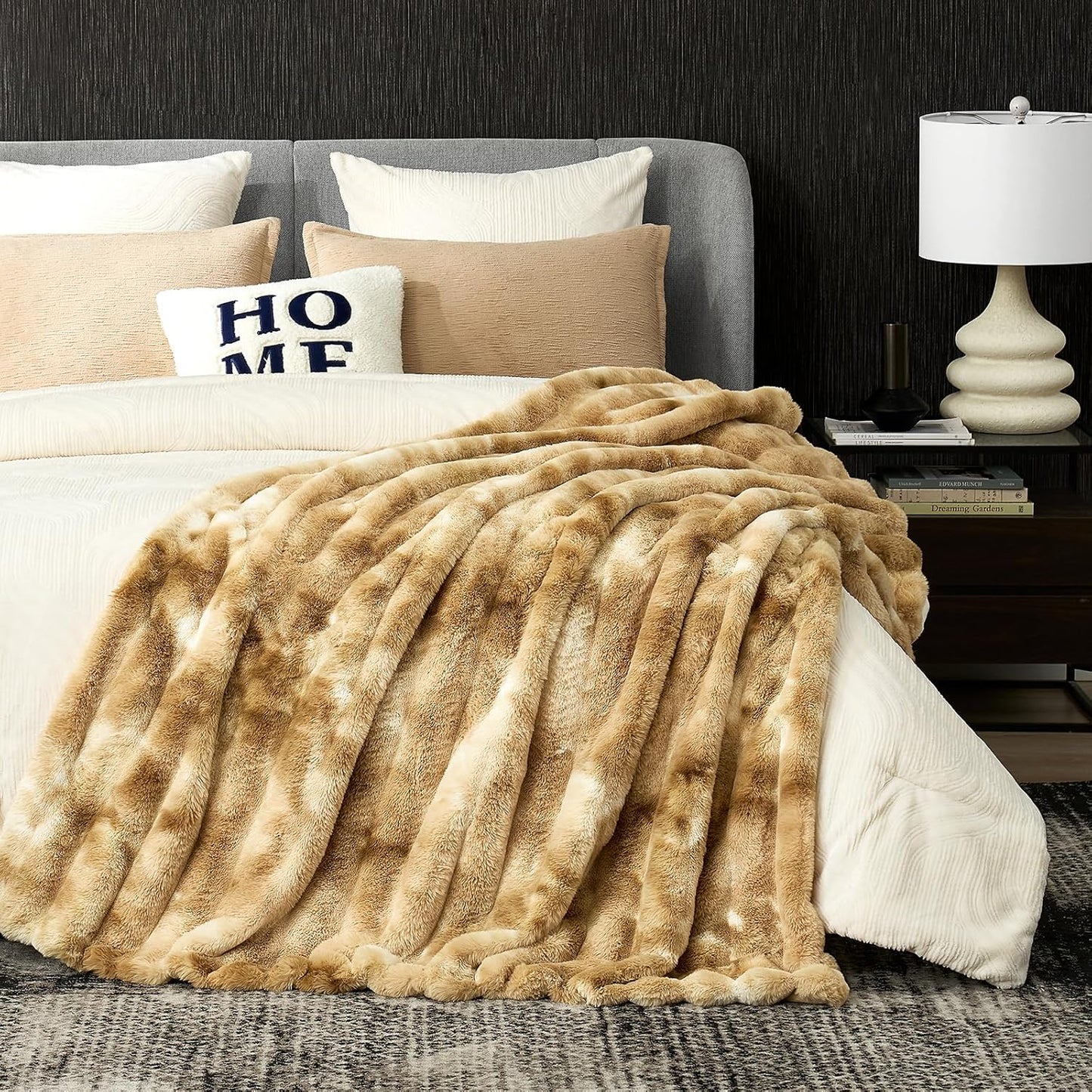 Cozy Bliss Faux Fur Throw Blanket for Couch, Fuzzy Soft Plush Thick Striped Blanket for Sofa Bedroom Living Room, 50 * 60 Inches Tie-dye Khaki