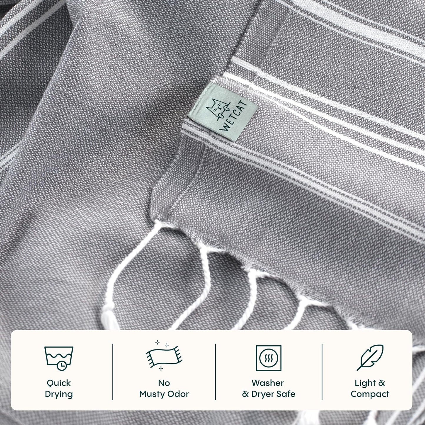 WETCAT Turkish Hand Towels with Hanging Loop, Set of 2 (20" x 30") 100% Turkish Cotton, Pre-Washed, Quick Drying, for Kitchen or Bathroom - Dark Gray