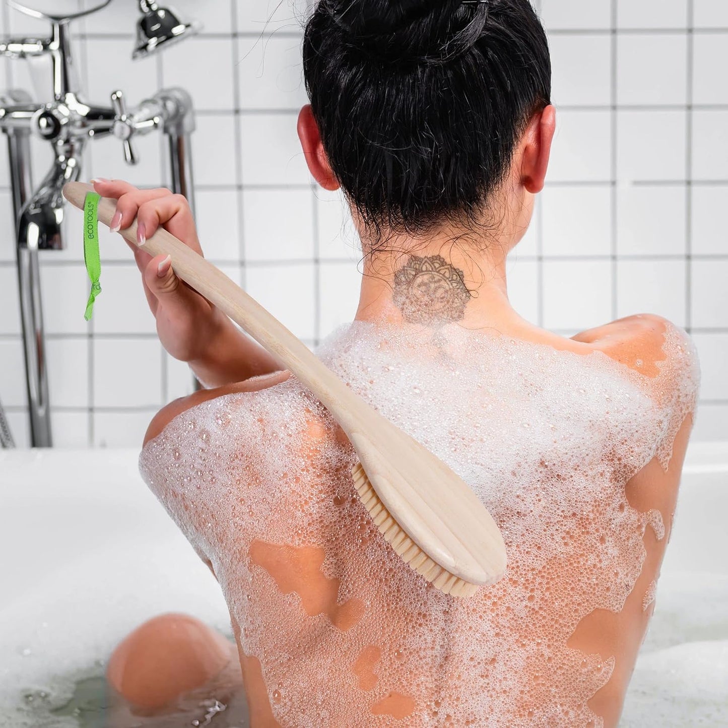 EcoTools Bristle Bath Brush, Shower Body Brush with Gentle, Stiff Bristles, Long Bamboo Handle, Gently Exfoliating for Back & Body, Stimulates Blood Circulation, Eco-Friendly, 1 Count (Pack of 2)