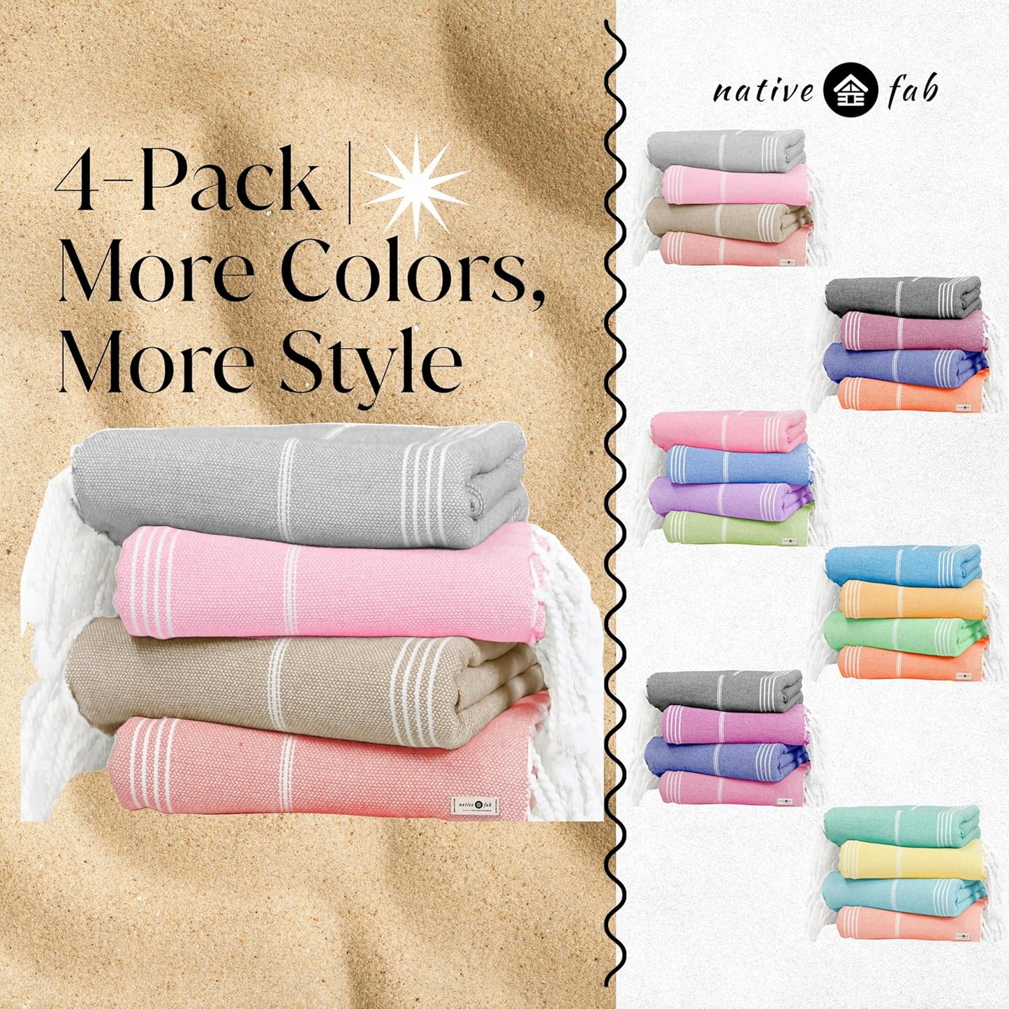 Native Fab Large Turkish Towels Set of 4, Lightweight, Quick Dry, Durable, Absorbent, 100% Cotton, Perfect for Beach, Travel, Pool, Spa, Bath - Ash Grey, Beige, Light Orange, Pink
