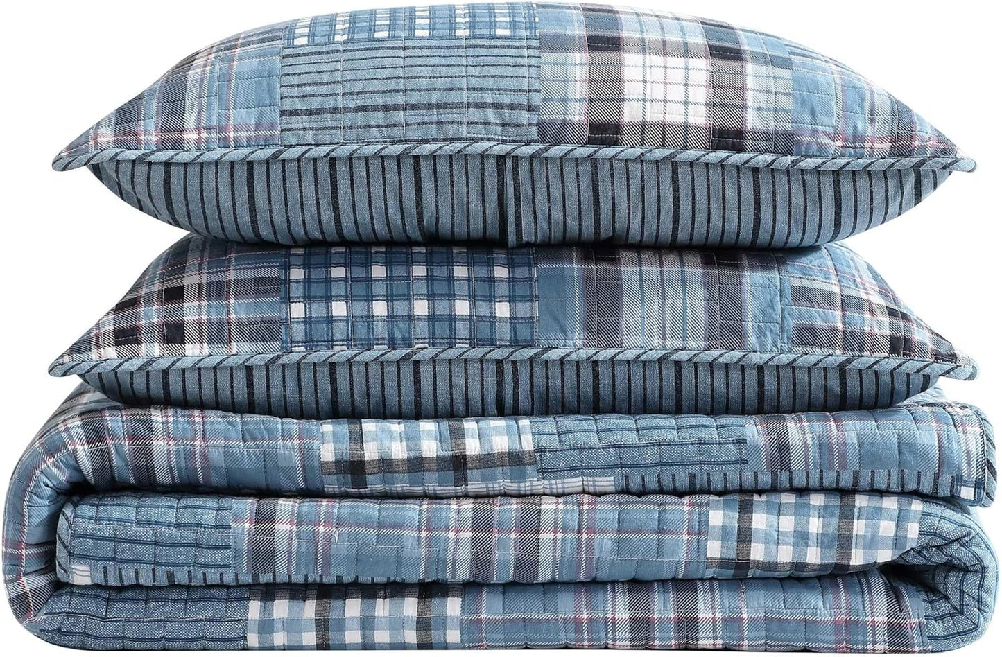 Eddie Bauer - Queen Quilt Set, Reversible Cotton Bedding with Matching Shams, Patchwork Plaid Bedding Set (Hawthorne Blue, Queen)