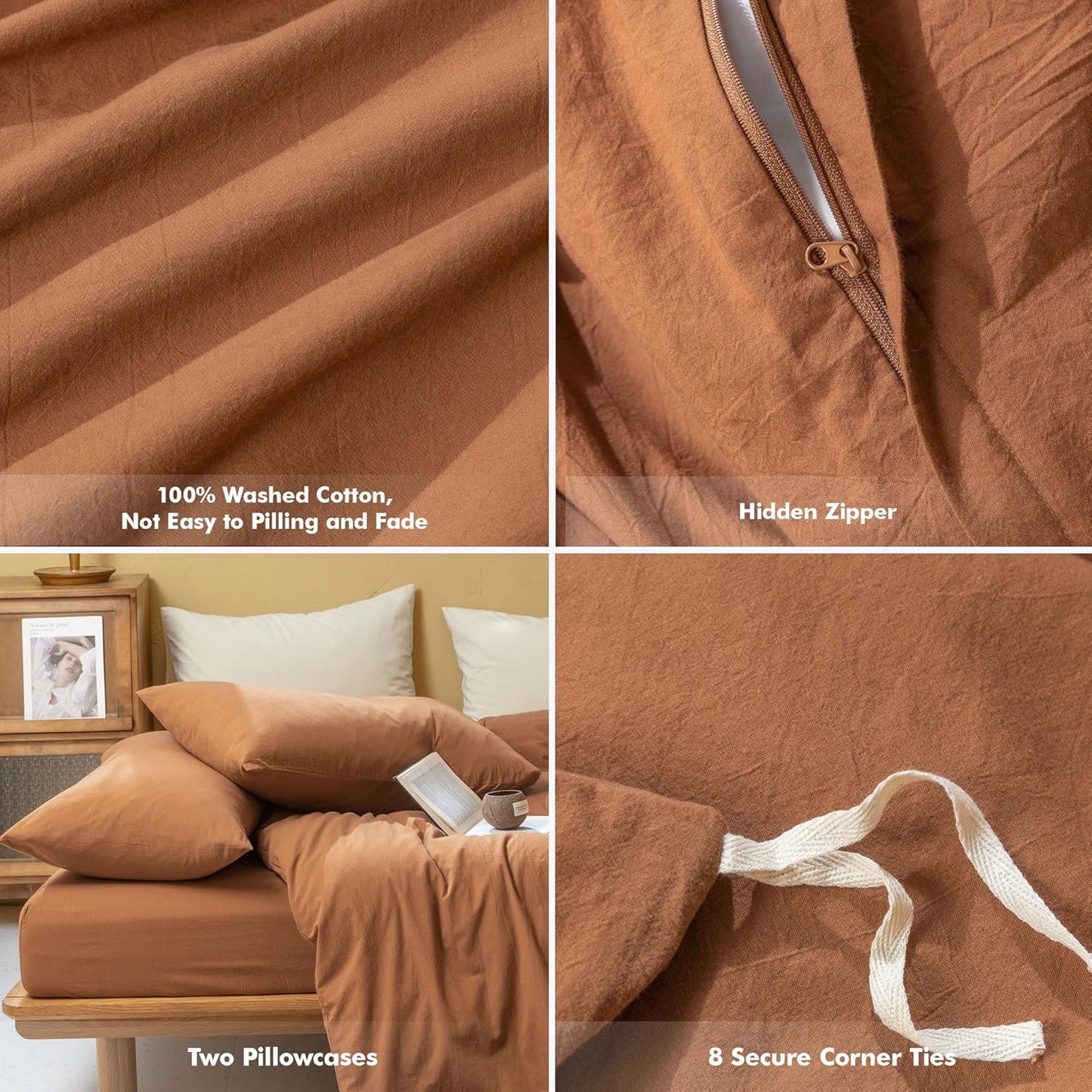 FOSSA Linen Duvet Cover Set 100% Washed Cotton Linen Feel Super Soft Breathable Cozy Simple Style 3 Pieces Bedding Sets Solid Dark Orange Queen