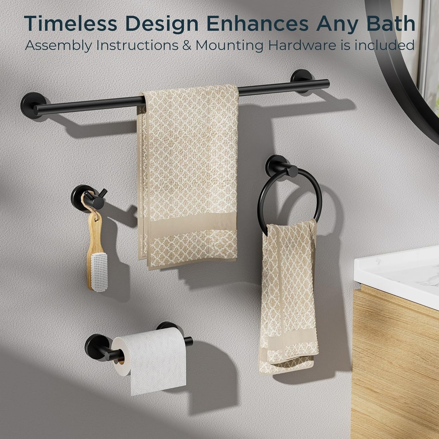 FORIOUS Bathroom Hardware Accessories Set, SUS304 Stainless Steel 24 Inch Towel Bar Set, Modern Towel Racks Holder for Bathroom Wall Mounted, 4 Pieces, Matte Black