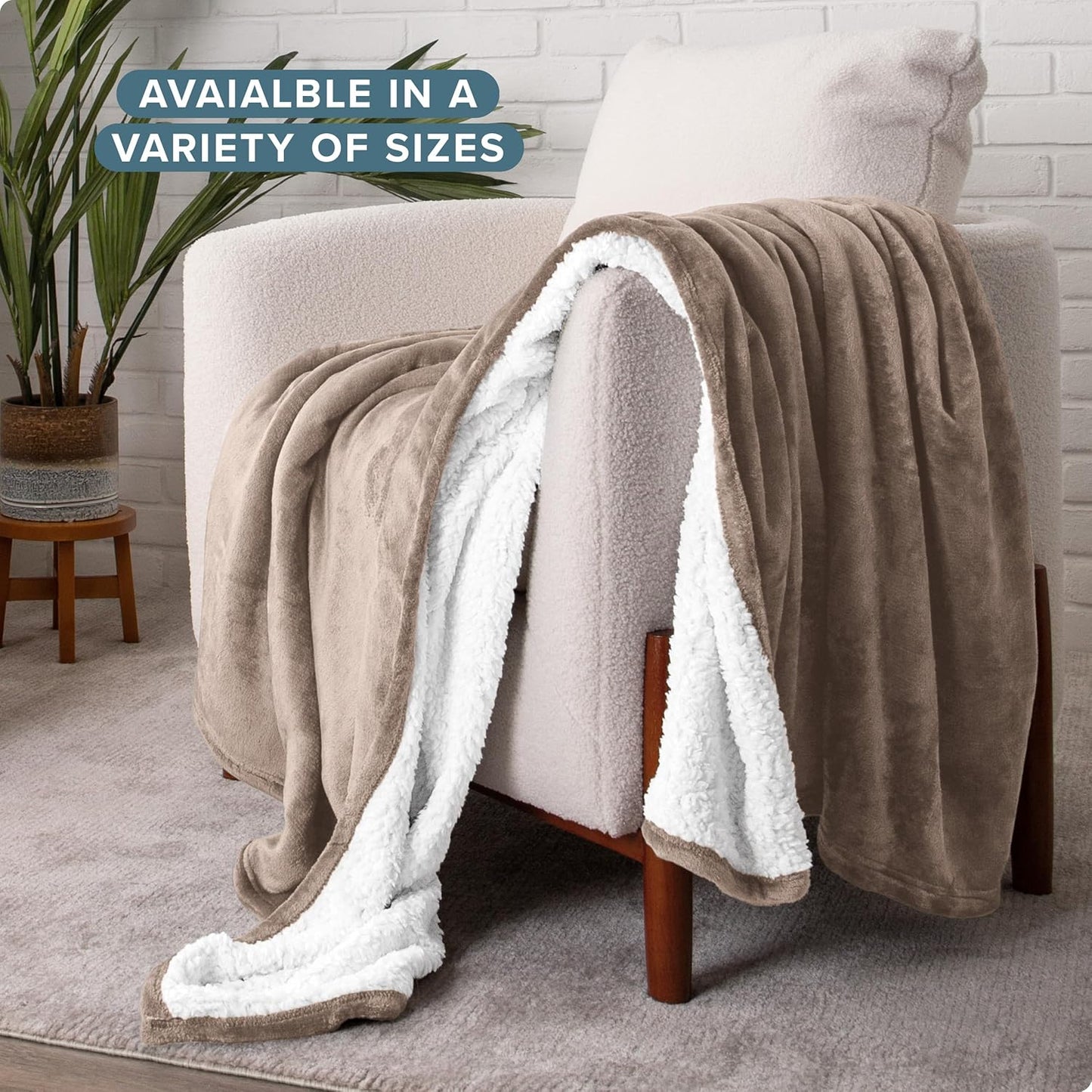 Bare Home Sherpa Fleece Blanket - Full/Queen Size - Blanket for Bed, Sofa, and Couch - Warm & Lightweight - Fluffy & Soft - Reversible (Full/Queen, Taupe)