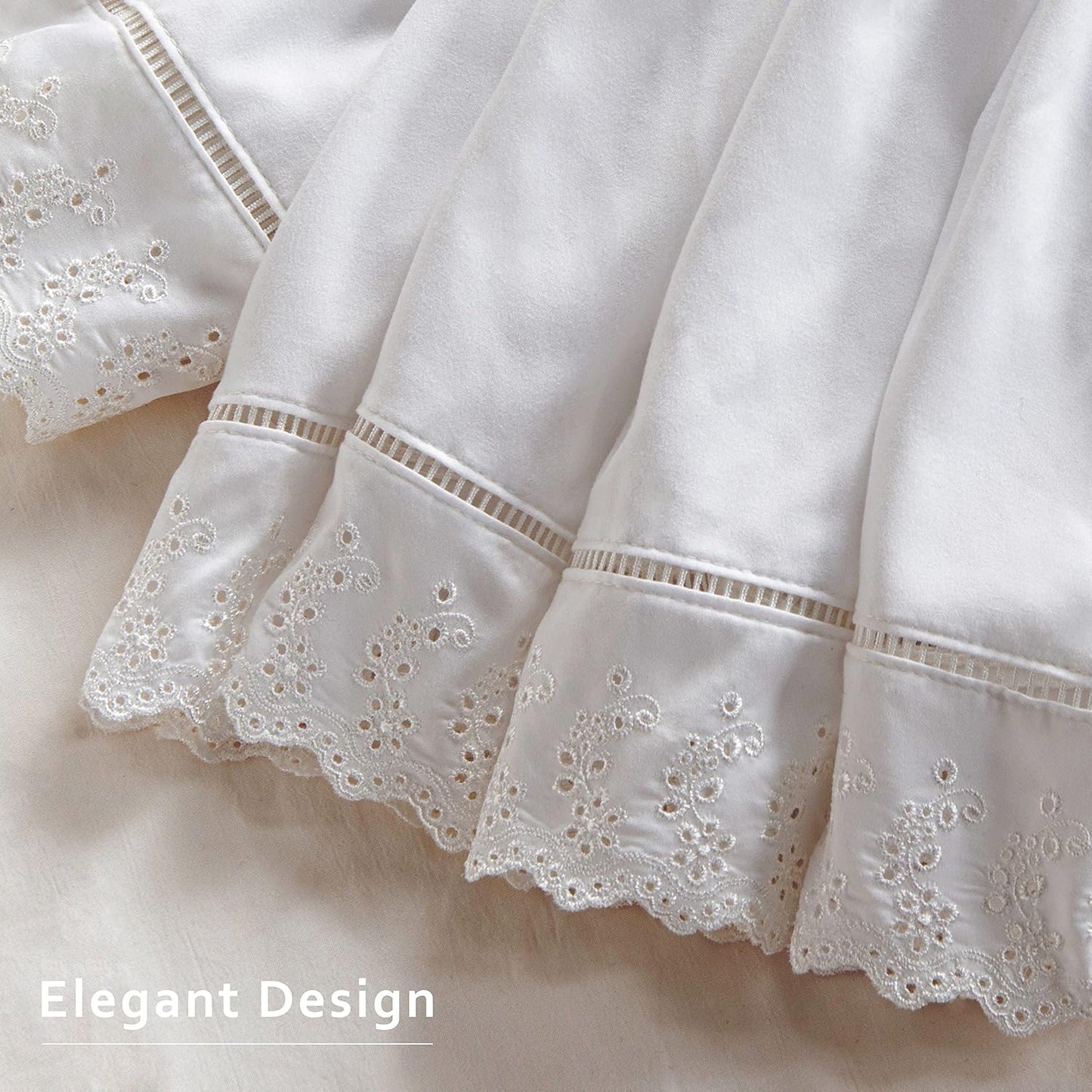 MIYE Wrap Around Ruffled Lace Bed Skirt, Elastic Dust Ruffle with Adjustable Belts,15 Inch Drop Easy to Put On, Bed Frame Cover, Machine Washable (Embroidered, Full/Twin-15)