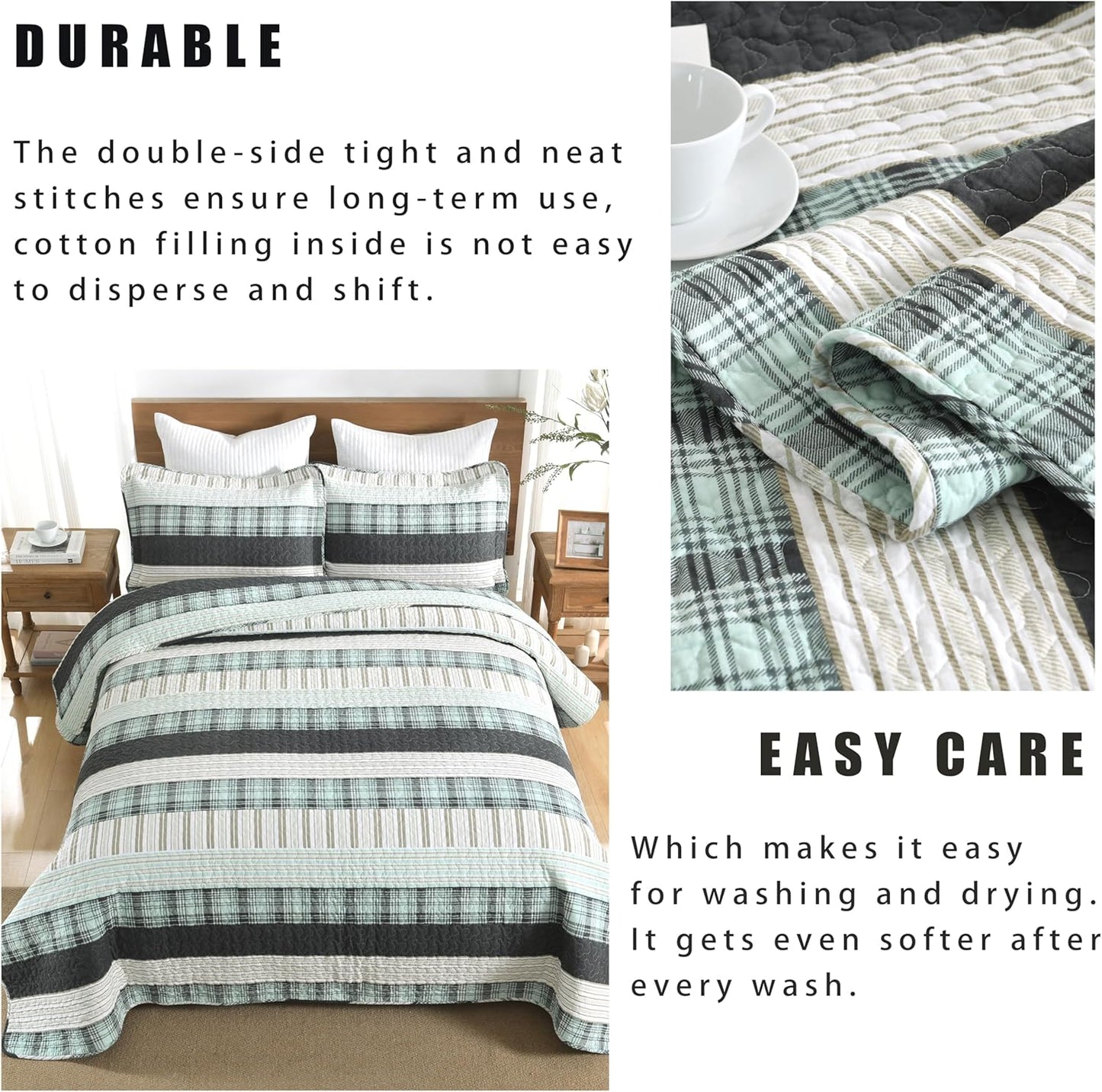 Homzard Queen Comforter Set,Cotton Quilts Queen Size,Teal Black Beige Bedding,Plaid Striped Bedspread,Lightweight Reversible Coverlet All Season 3 Pieces