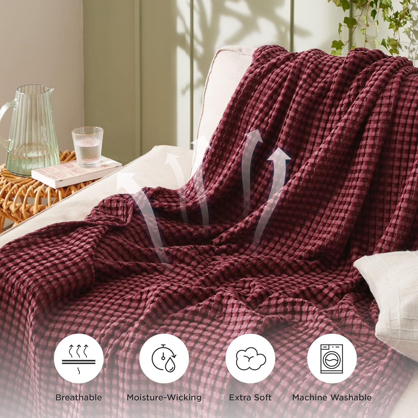 Bedsure Cooling Cotton Waffle Weave Blanket - Lightweight Breathable Blanket of Rayon Derived from Bamboo for Hot Sleepers, Luxury Throws for Bed, Couch and Sofa, Burgundy, 50x70 Inches