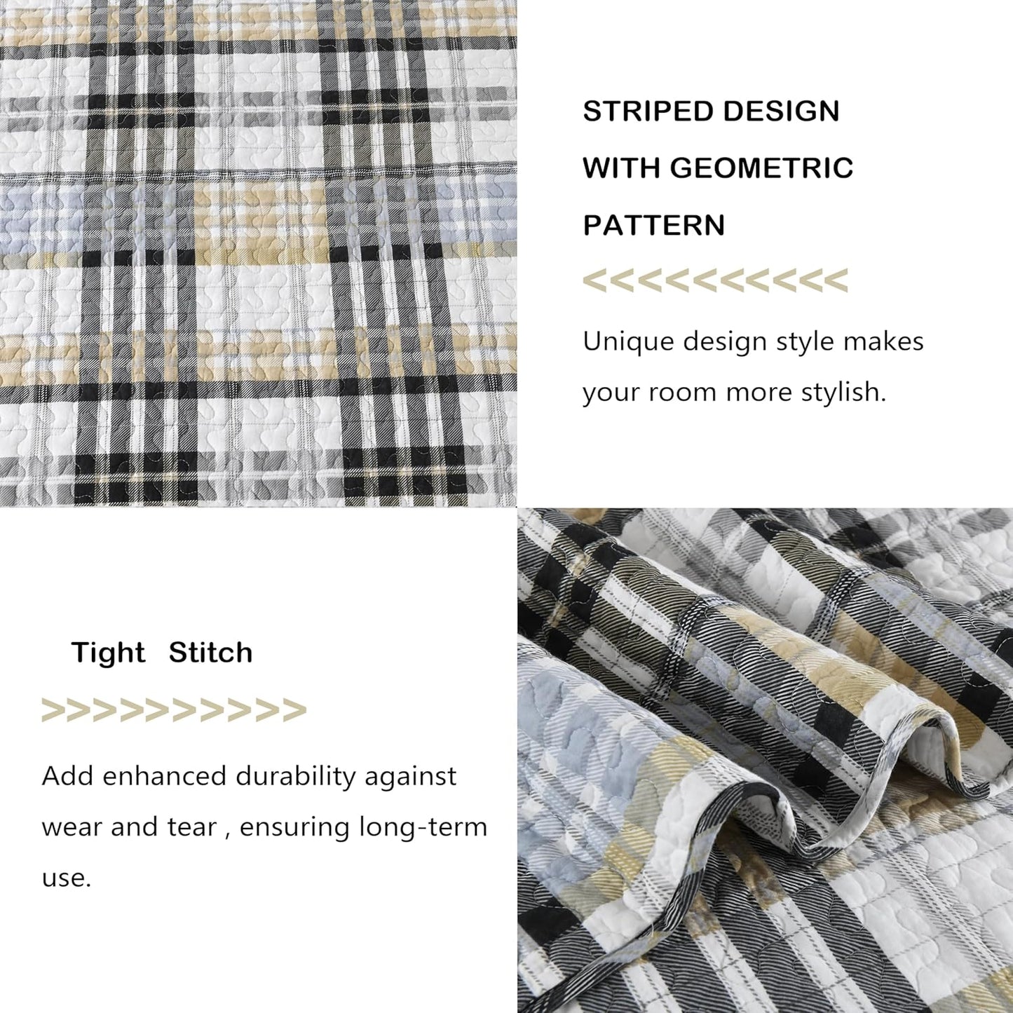 Quilts Queen Size, Cotton Queen Size Comforter Set, Brown Black Grey White Striped Bedding Sets, Plaid Queen Bedspread,Striped Bed Set Lightweight Reversible All Season 3 Piece