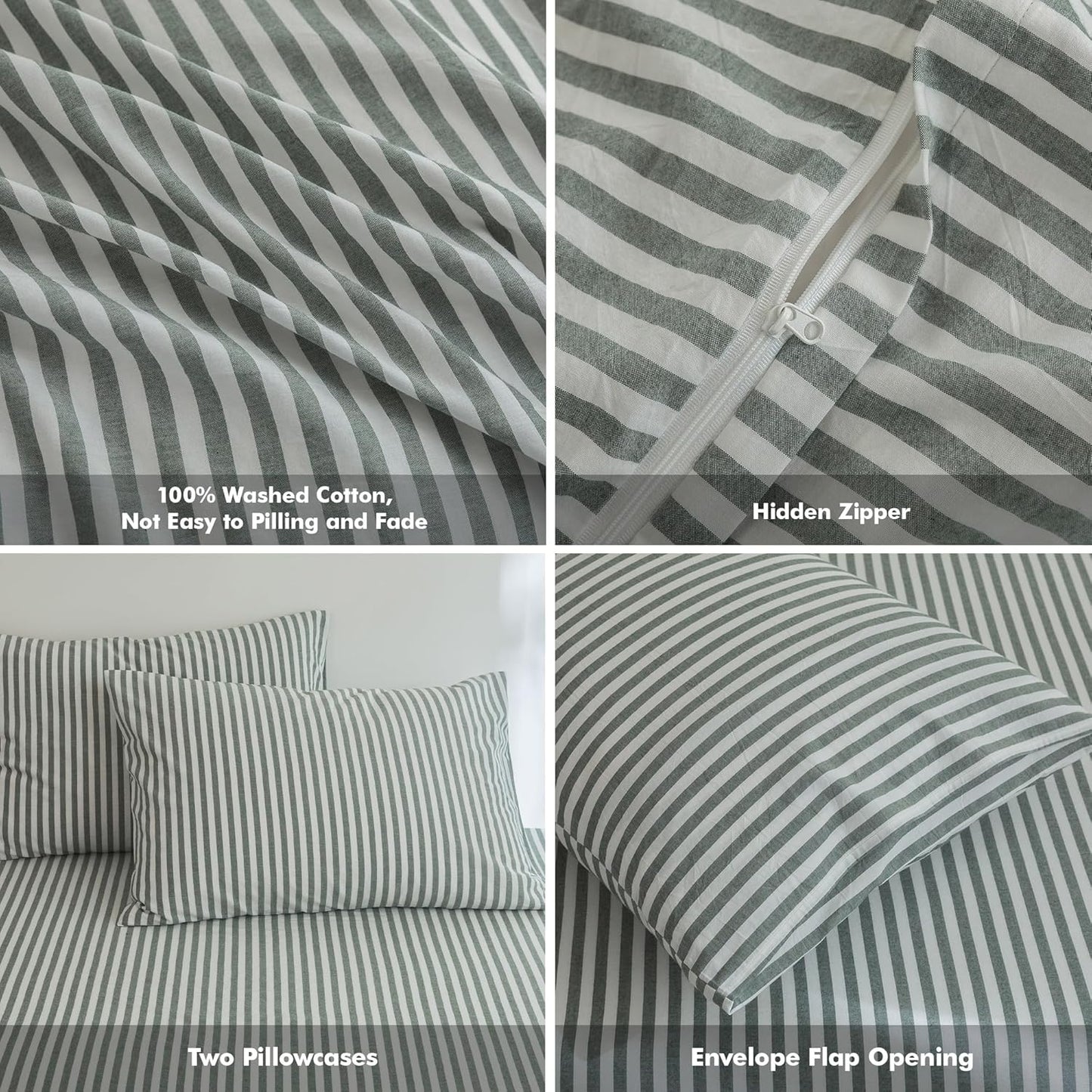 FOSSA Striped Duvet Cover Set 100% Washed Cotton Linen Feel Super Soft Breathable Cozy 3 Pieces Bedding Sets Heathered Green Classic Stripes King