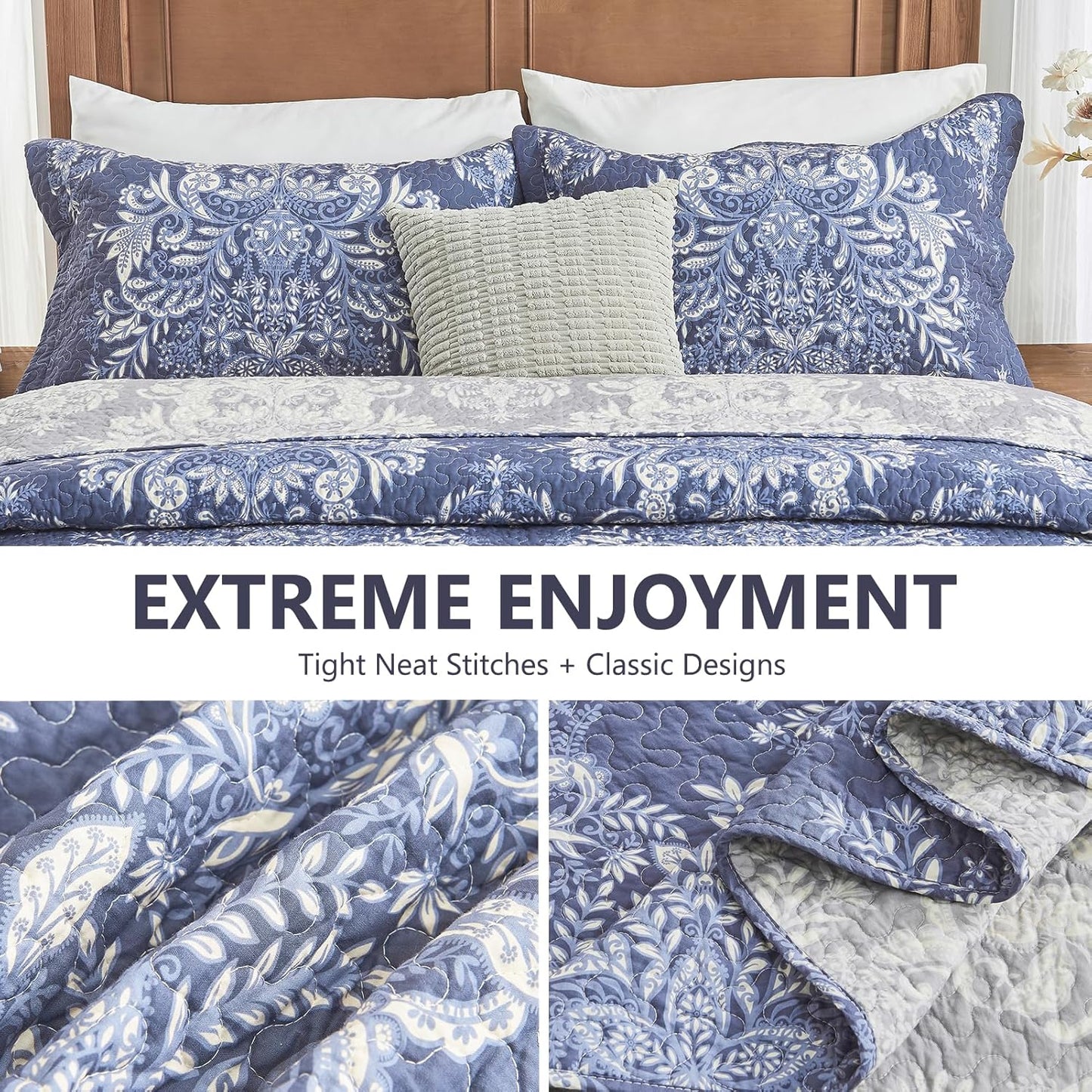 100% Cotton Quilt Set King Size - Damask Pattern Quilted Comforter, Vintage Reversible King Quilt Bedspread, Lightweight Bedding for King Bed, 3pcs, Blue