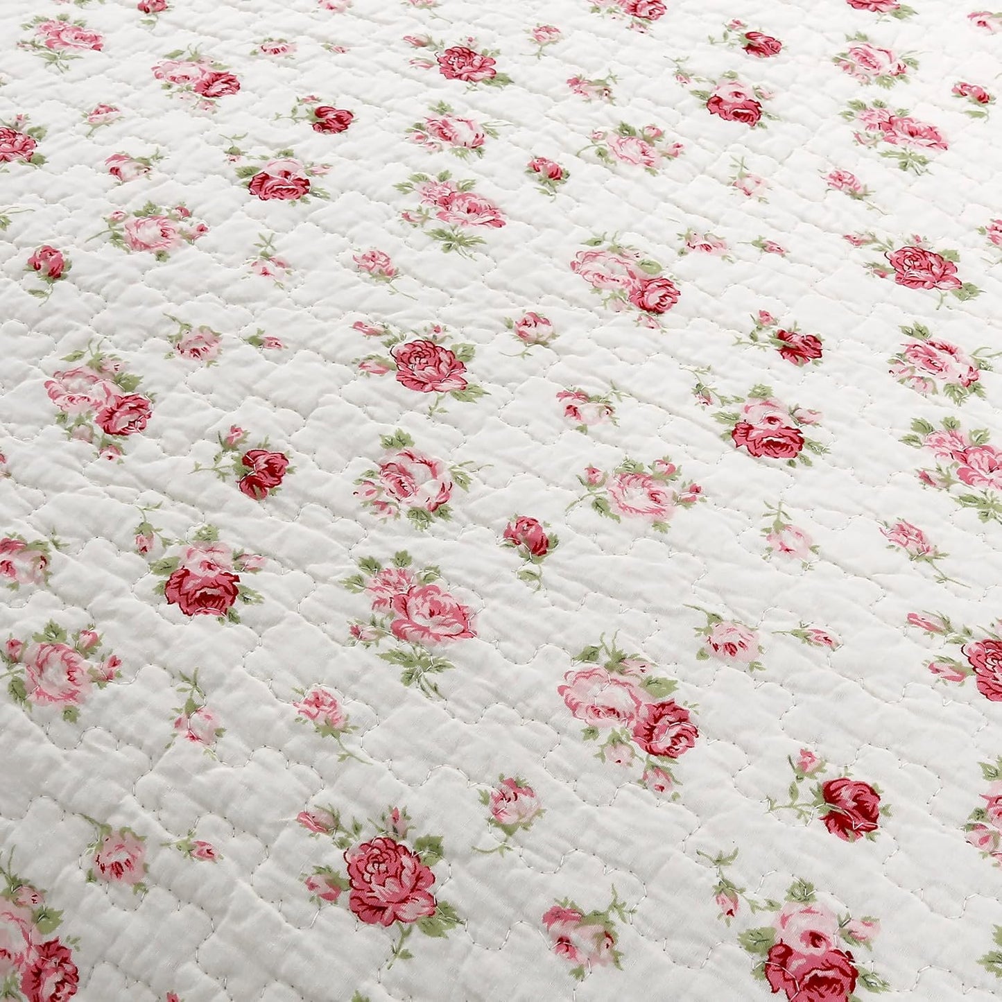 Cozy Line Home Fashions Pink Rose Garden Floral 100% Cotton Reversible Coverlet Bedspread Quilt Bedding Set (Ivory Rose, Queen - 3 Piece)