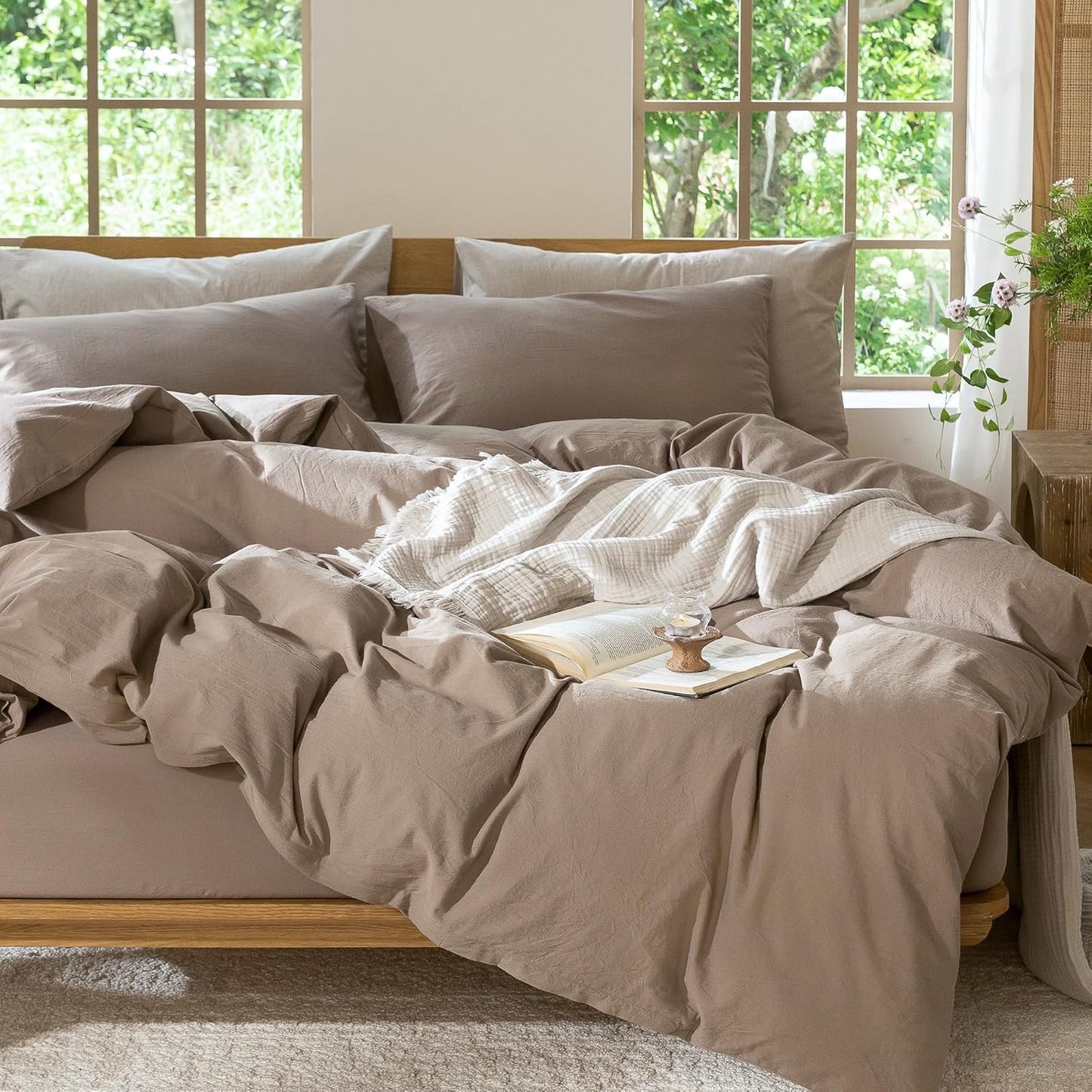 MooMee Bedding Duvet Cover Set 100% Washed Cotton Linen Like Textured Breathable Durable Soft Comfy (Solid Brown, Full 80"x90")